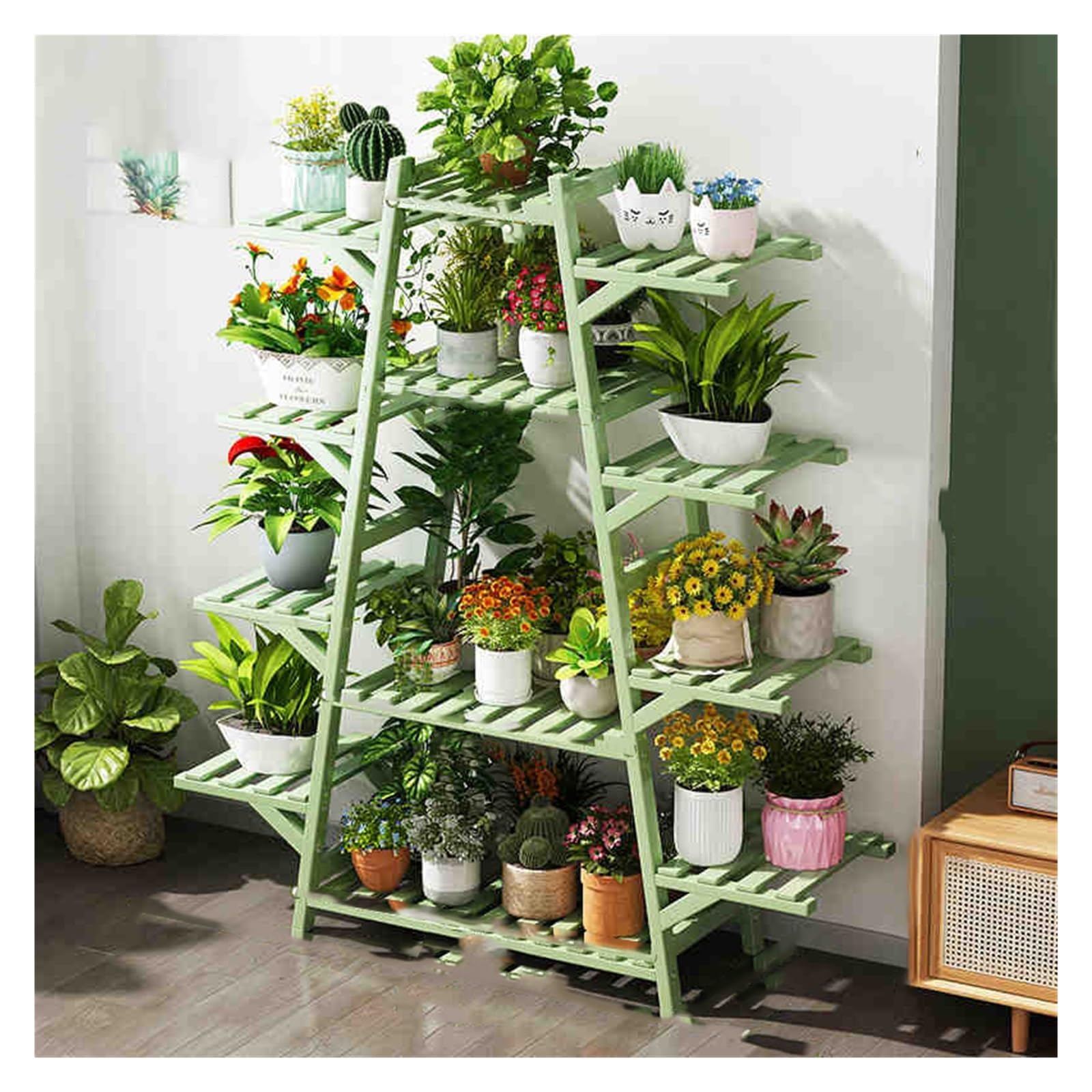 Generisch 12-Tier Solid Wood Plant Stand - Vertical Flower Rack for Indoor/Outdoor Garden - Space-Saving Storage Shelf with Green Trays for Home & Courtyard Decor
