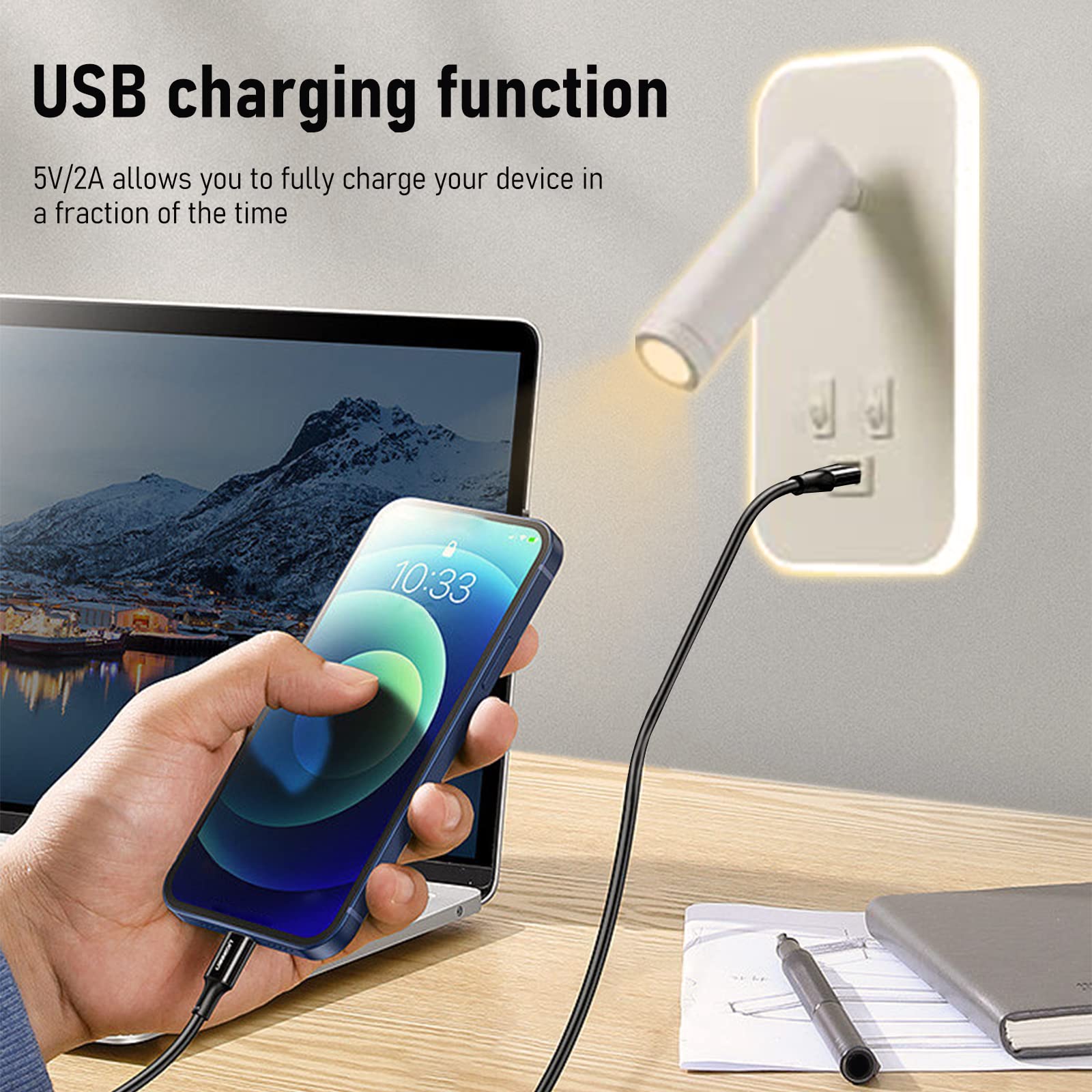 Weigudoc 2pcs Lámpara de Pared LED, Luz de Lectura Junto a la Cama, Aplique de Pared Cabecera Ajustable, con Puerto de Carga USB e Interruptor, Luces de Pared de Pasillo (Blanco)