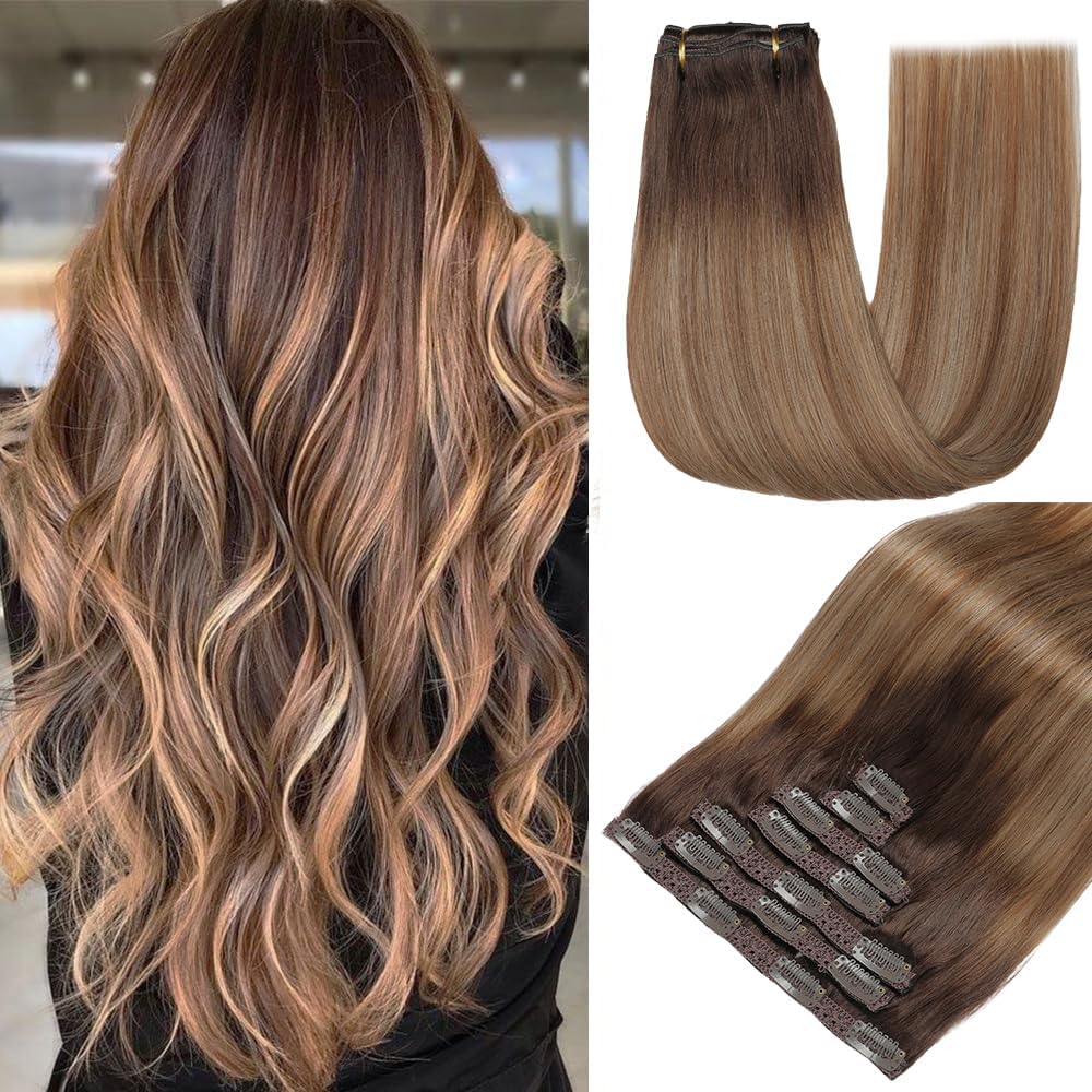 GUDOZO extension capelli veri Castano castano - Castano chiaro con riflessi oro chiaro 7pcs 55cm 120g Extension capelli veri biadesivo Extension clip capelli veri senza cuciture volume donna