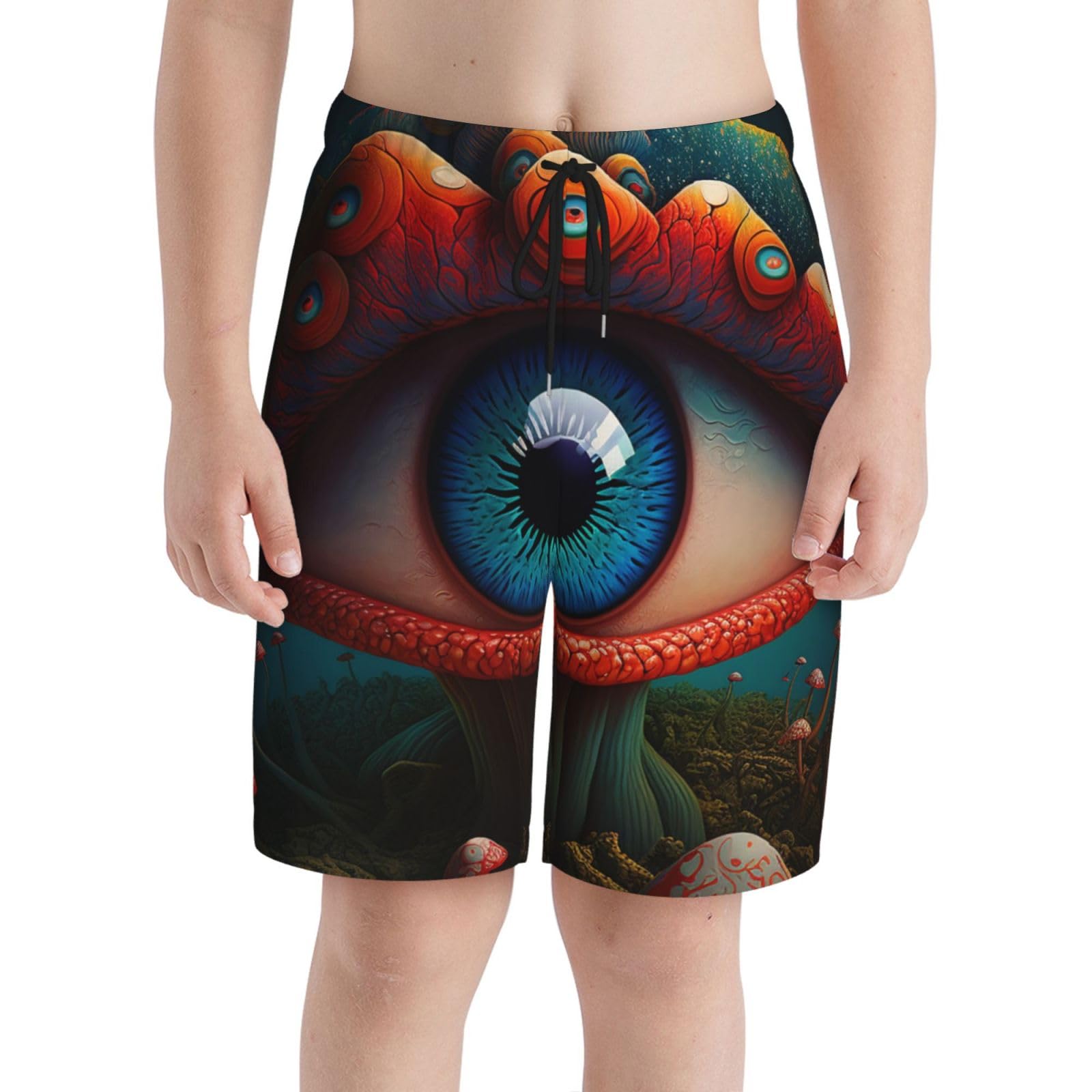 HERRECX Mushroom Demon Eyes Abstract Boys Swim Trunks Swim Board for Teen Kid Shorts Surf Swimming Beach Trunks X-Large Black
