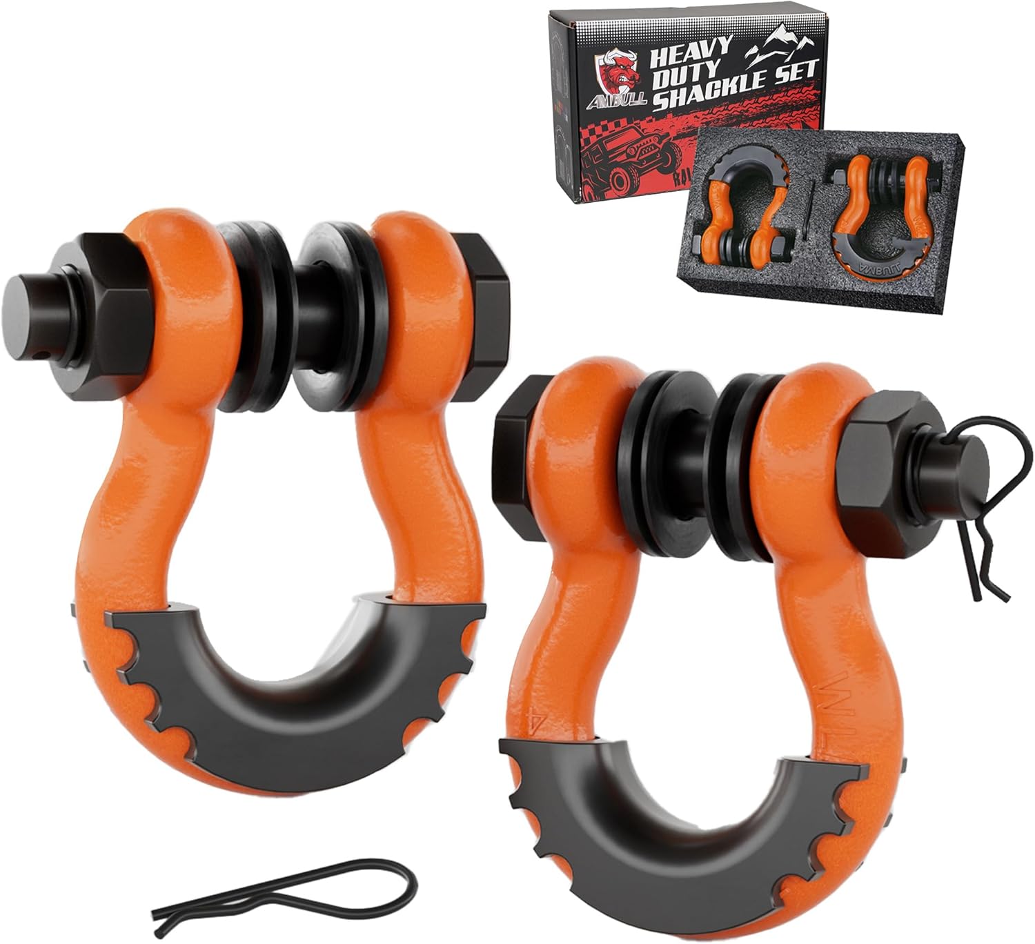 Shackles 3/4 Inch D Ring Shackle (2 Pack) 41,887lb Break Strength with 7/8 Inch Pin, Isolator and Washer Kits for Use with Tow Strap, Winch, Off-Road Jeep Truck Vehicle Recovery, Orange