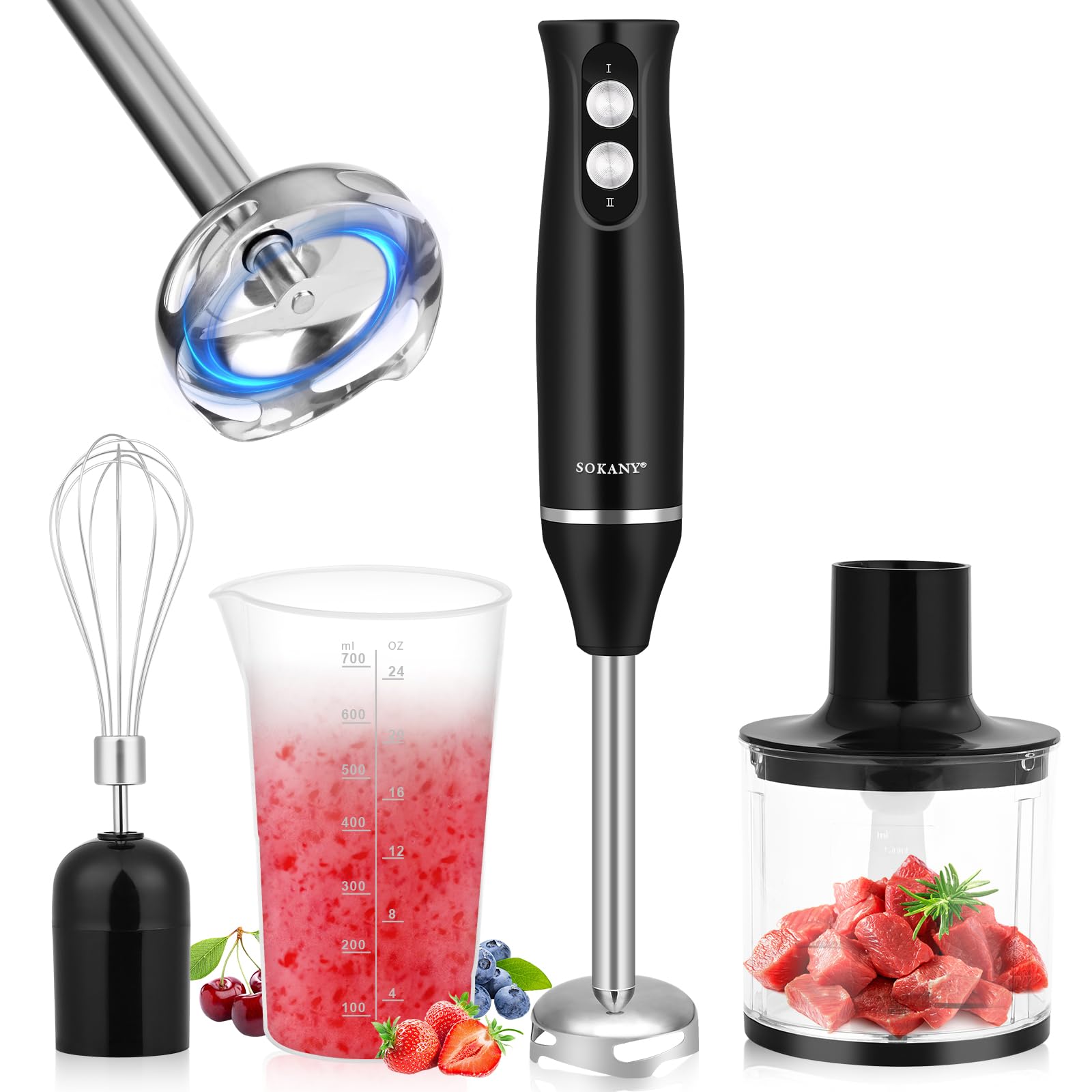 Mixer Immersione 4-In-1, 500 W Frullatore Tritatutto Multifunzione, 2 Velocità, con Frusta e Tritatutto da 500 ml e Misurino da 700 ml per Frullati, Zuppe, Salse, Yogurt, Alimenti Bambini