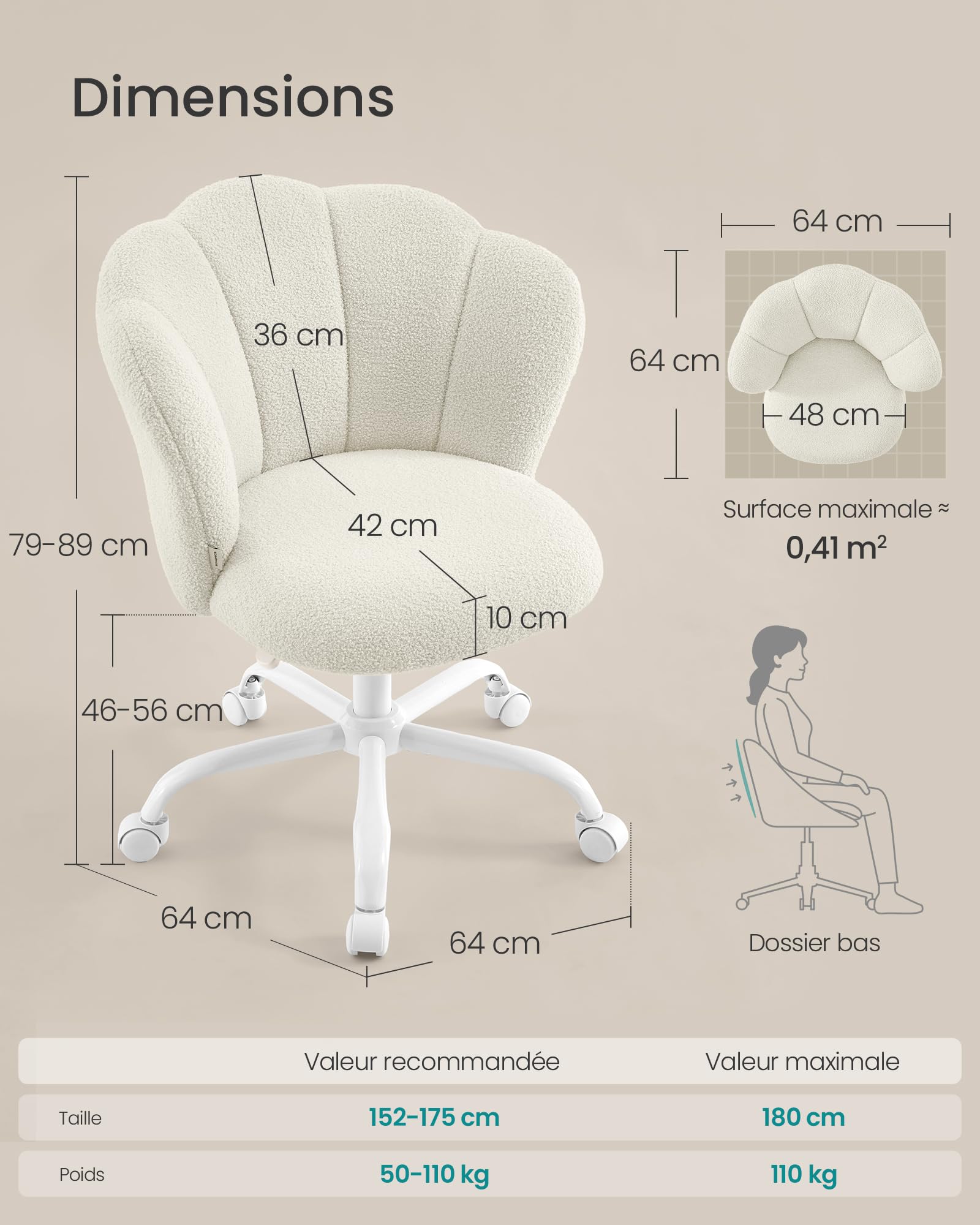SONGMICS Chaise de Bureau Pivotante 360°, Chaise Coiffeuse Rembourrée, Tissu Peluche, Supporte 110 kg, Dossier en Forme de Pétales, Hauteur Réglable, pour Salon, Chambre, Blanc Crème OBG030WD01