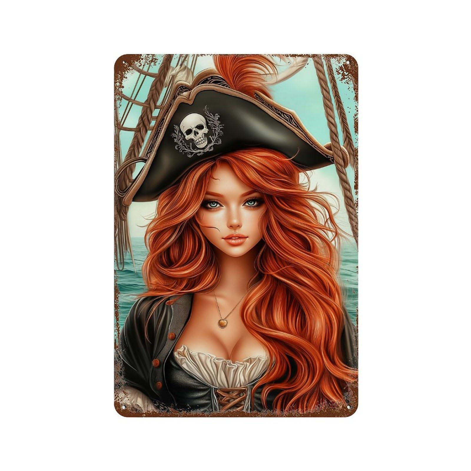 Aged Metal Wall Plaque with Woman Pirate Captain with Red Hair Design 11.8"x7.9", for Basement, Hobby Room And Garage Decor, Classic Wall Plaque