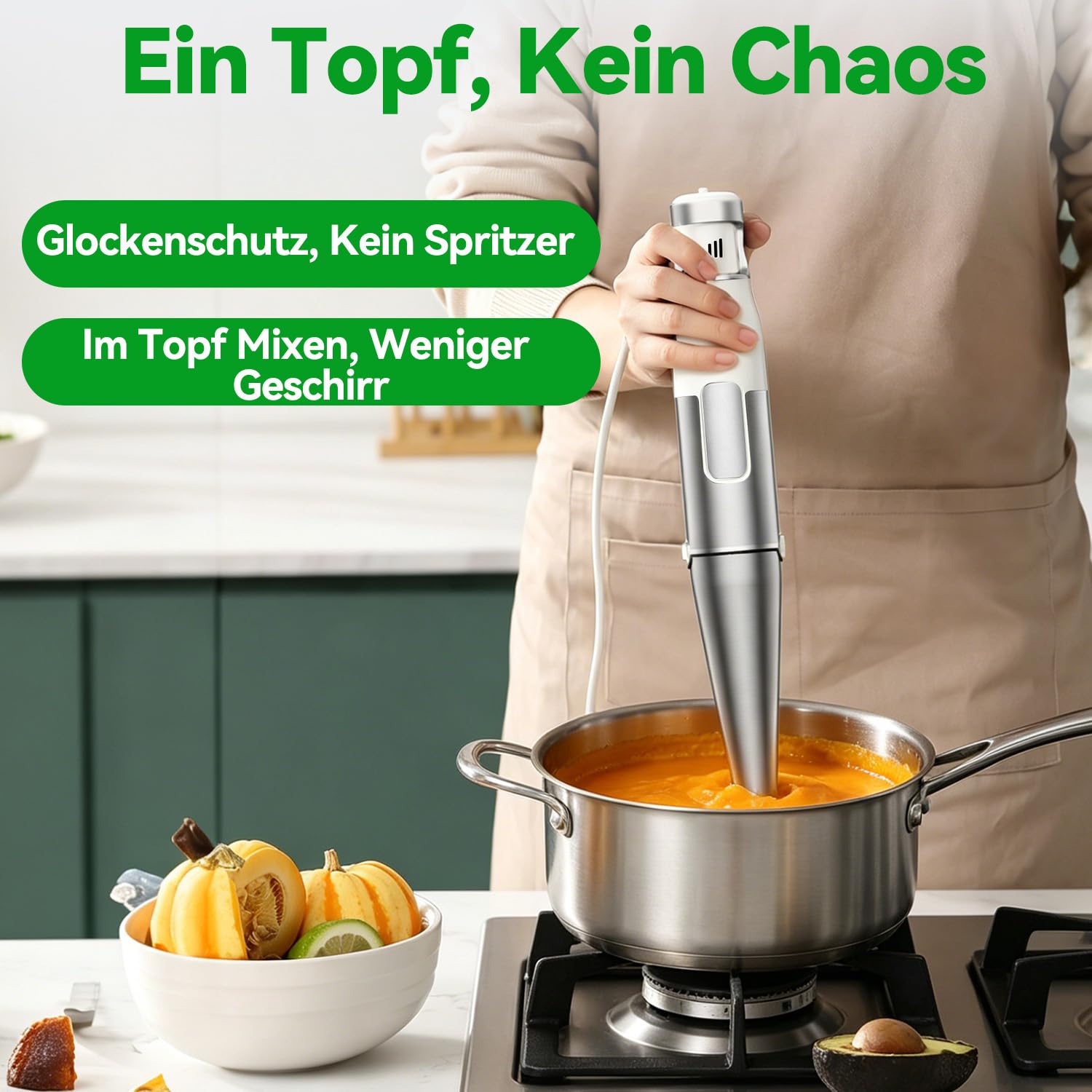 Stabmixer Set 5 in 1, 1100W Pürierstab Elektrisch, Edelstahl Hand Blender