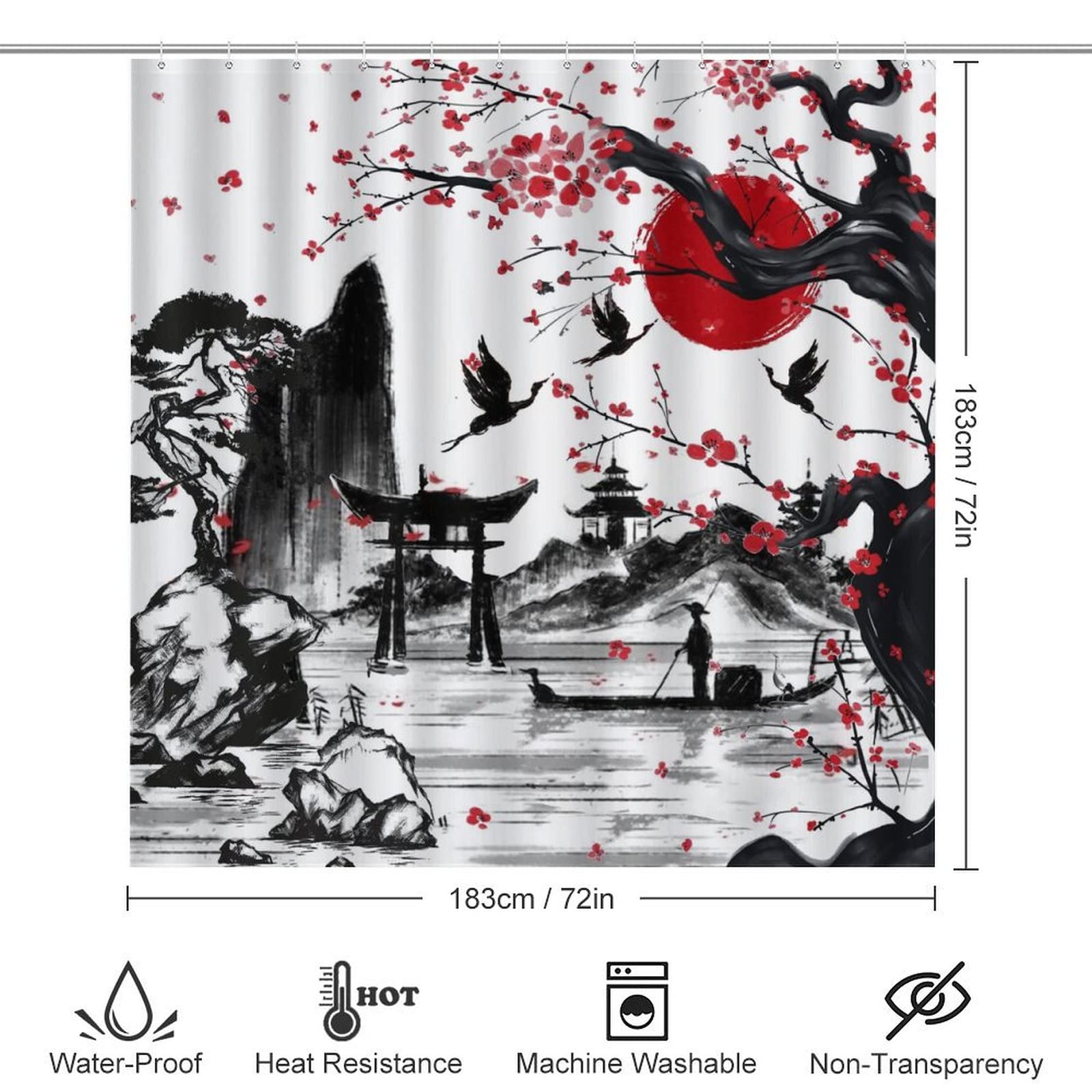 Vintage Japanese Style Shower Curtain Sets with Rugs 4 Piece Accessories Bathroom Curtains Shower Set Include Shower Curtain Non-Slip Rug Toilet Lid Cover Bath Mat One Size