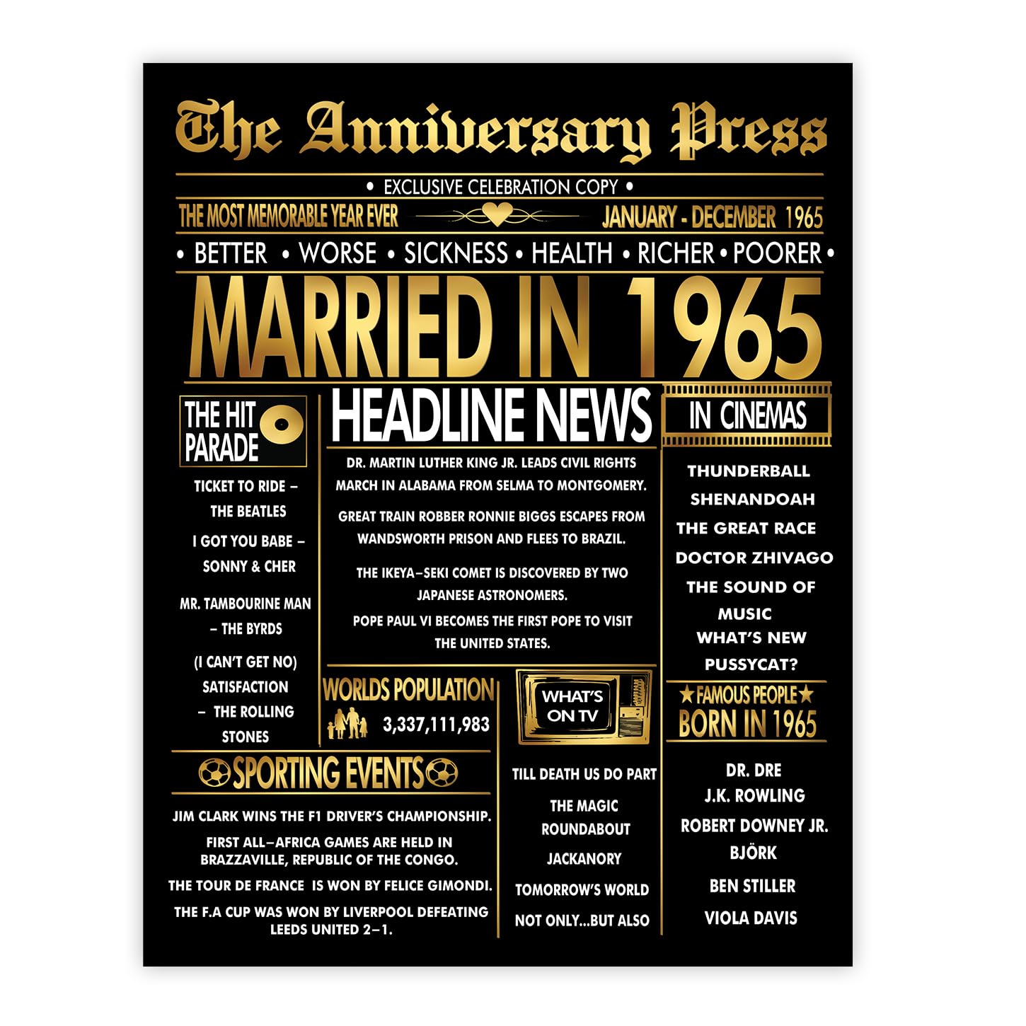 Stuff4 Gold 61st Anniversary Poster Unframed - Golden Married In 1965 Newspaper - 61 Wedding Anniversary for Men Women Vintage Gifts Back In 1965, 8x10 Inch Anniversaries Posters