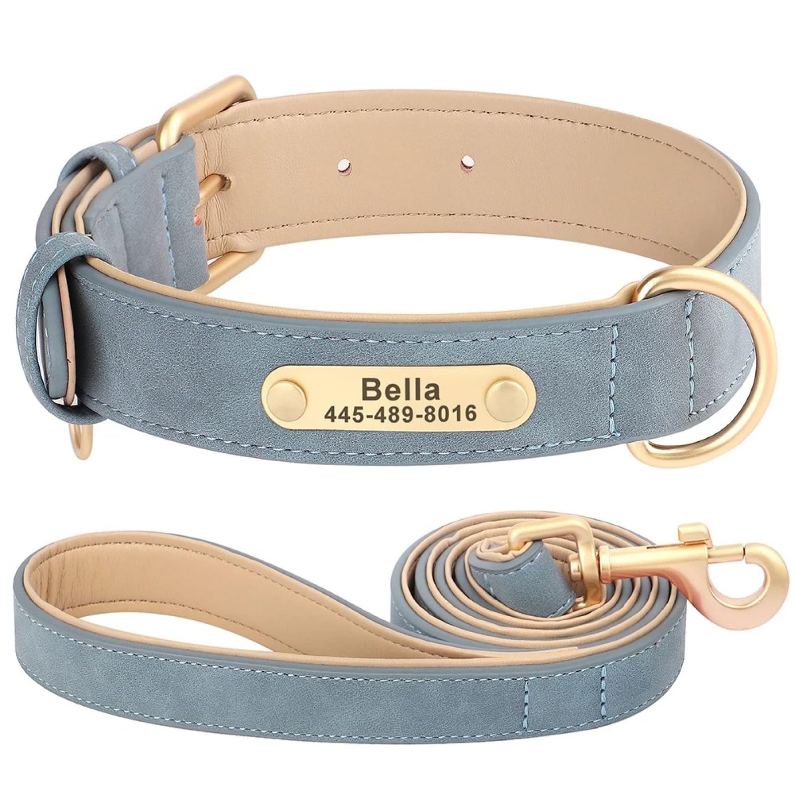 Personalisiertes ID-Tag-Hundehalsband Und Leine-Set, Personalisierte Bulldoggen-, Labrador-, Windhund- Und Beagle-Halsbänder,Blaues Set,XL