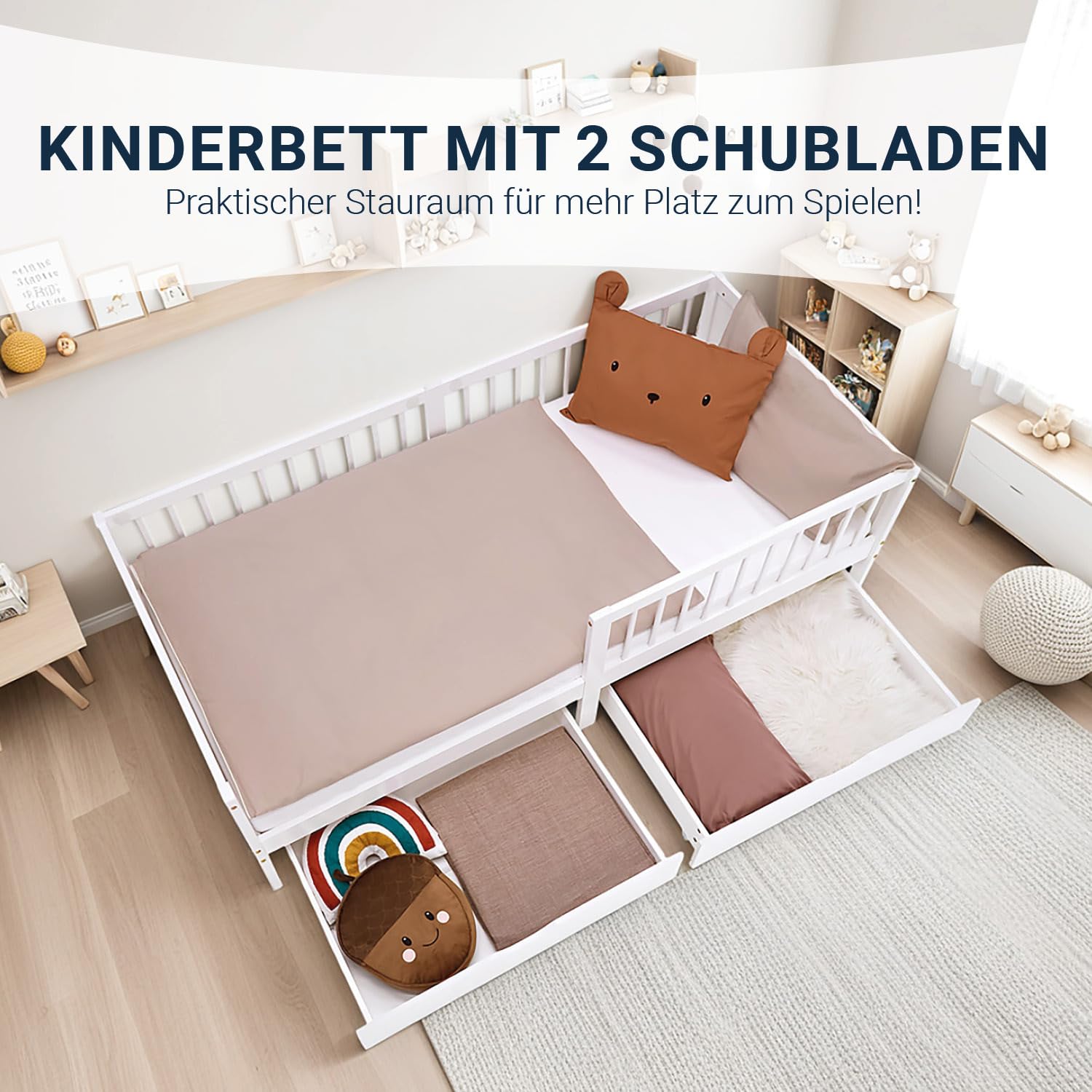 Homestyle4u Kinderbett 90x200 mit Matratze, Lattenrost & Schubladen, Weiß | Massivholz Bodenbett aus Kiefer mit Rausfallschutz, 2 Bettkästen für Stauraum und kindgerechter Rollmatratze Härtegrad 2