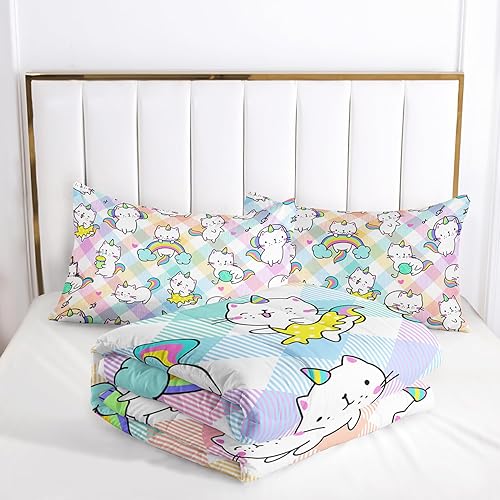 Miniatura 5 de AILONEN Juego de edredón de gatos de unicornio, tamaño individual, juego de ropa de cama de unicornio arcoíris para niños y niñas, bonito juego de