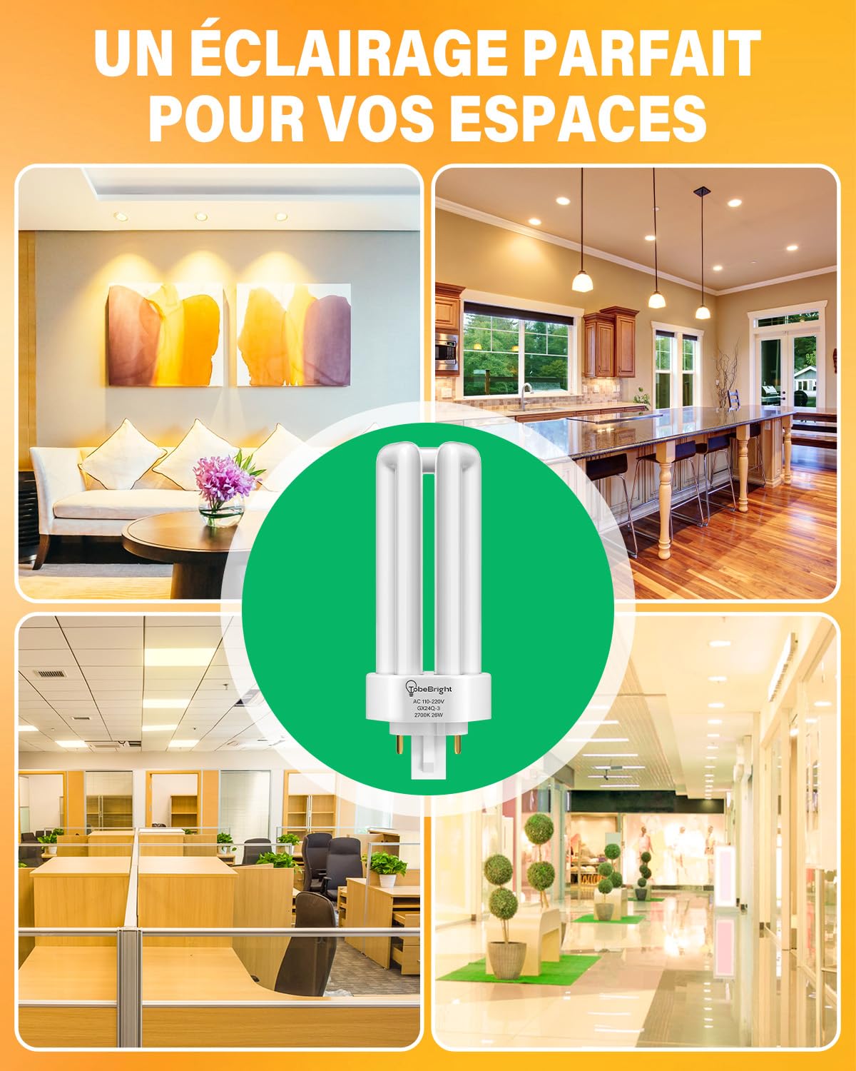 26w 4 Broches Ampoule Fluorescente Compacte Gx24Q-3 Base, Blanc Chaud 2700K 4 Broches Tube Triple CFL PLT-26W 827 Plug in Ampoule CFL économie d'énergie pour Bureau Salon Cuisine, Lot de 10