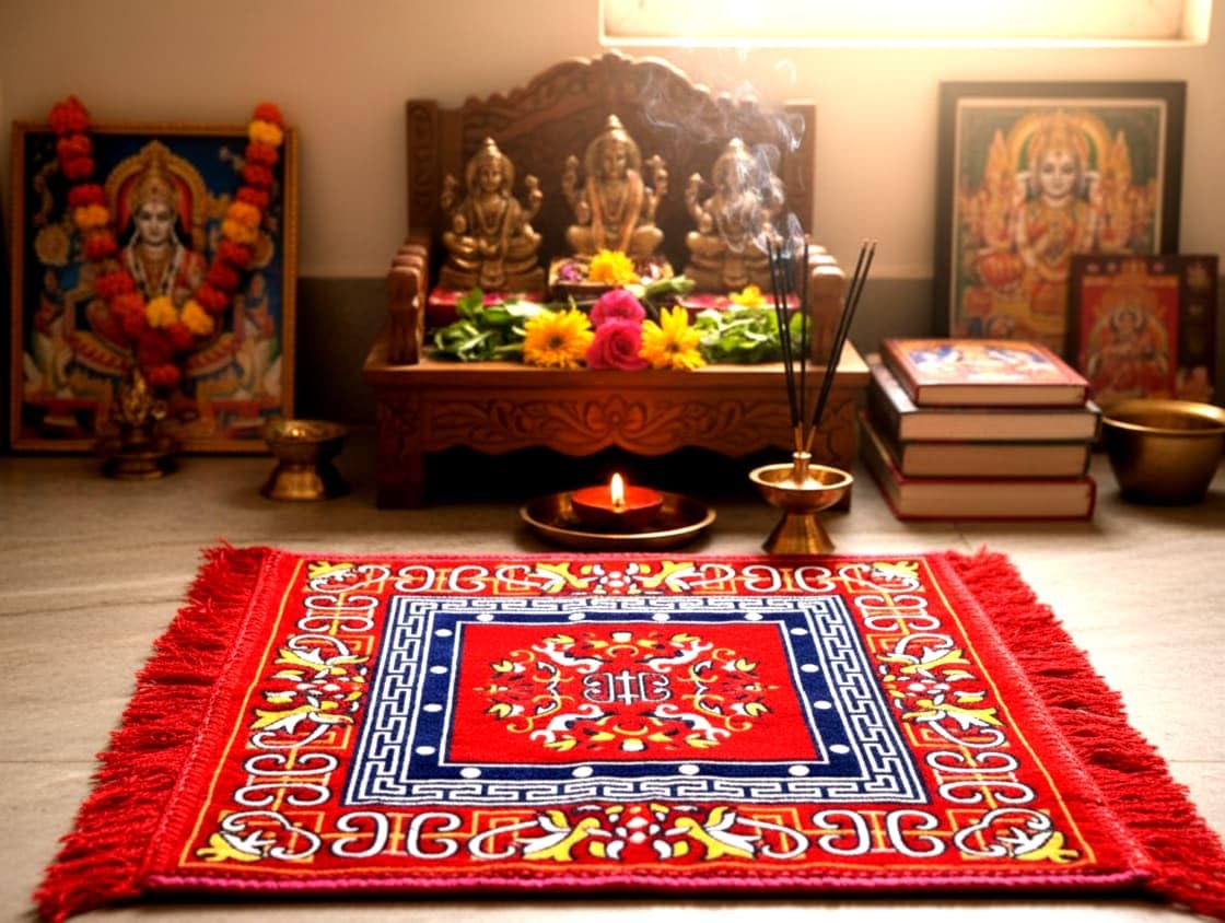 Prayer Mat | Velvet Aasan | Meditation Carpet | Pooja Aasan | Traditional Prayer Mat | Medium Size | Red Color-image-2