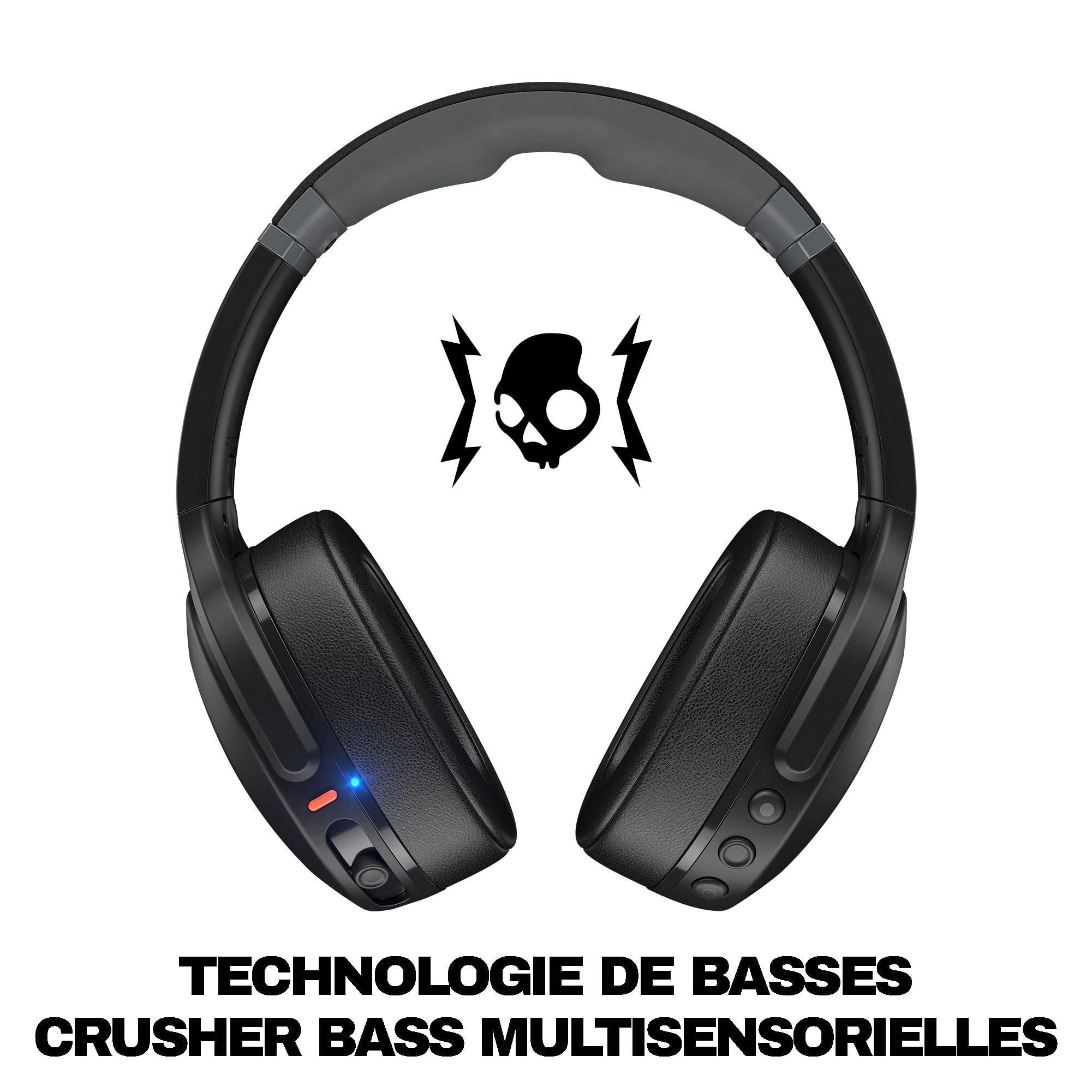 Skullcandy Crusher Evo Casque sans Fil Bluetooth, Câble de Recharge USB-C Supplémentaire, Basses Multisensorielles, Circum-Auriculaire, Isolation du Bruit, 40 Heures d'Autonomie - Noir