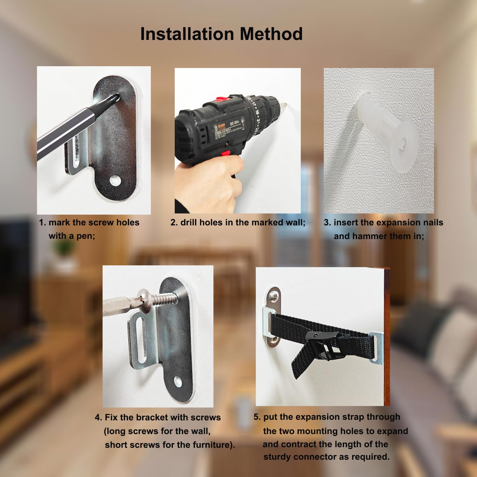 Anclaje antivuelco para muebles a prueba de bebés, OKETHERMO (juego de 4/negro), anclaje de pared para muebles, evita que los muebles se inclinen y caigan, adecuado para cómodas, cómodas, armarios de