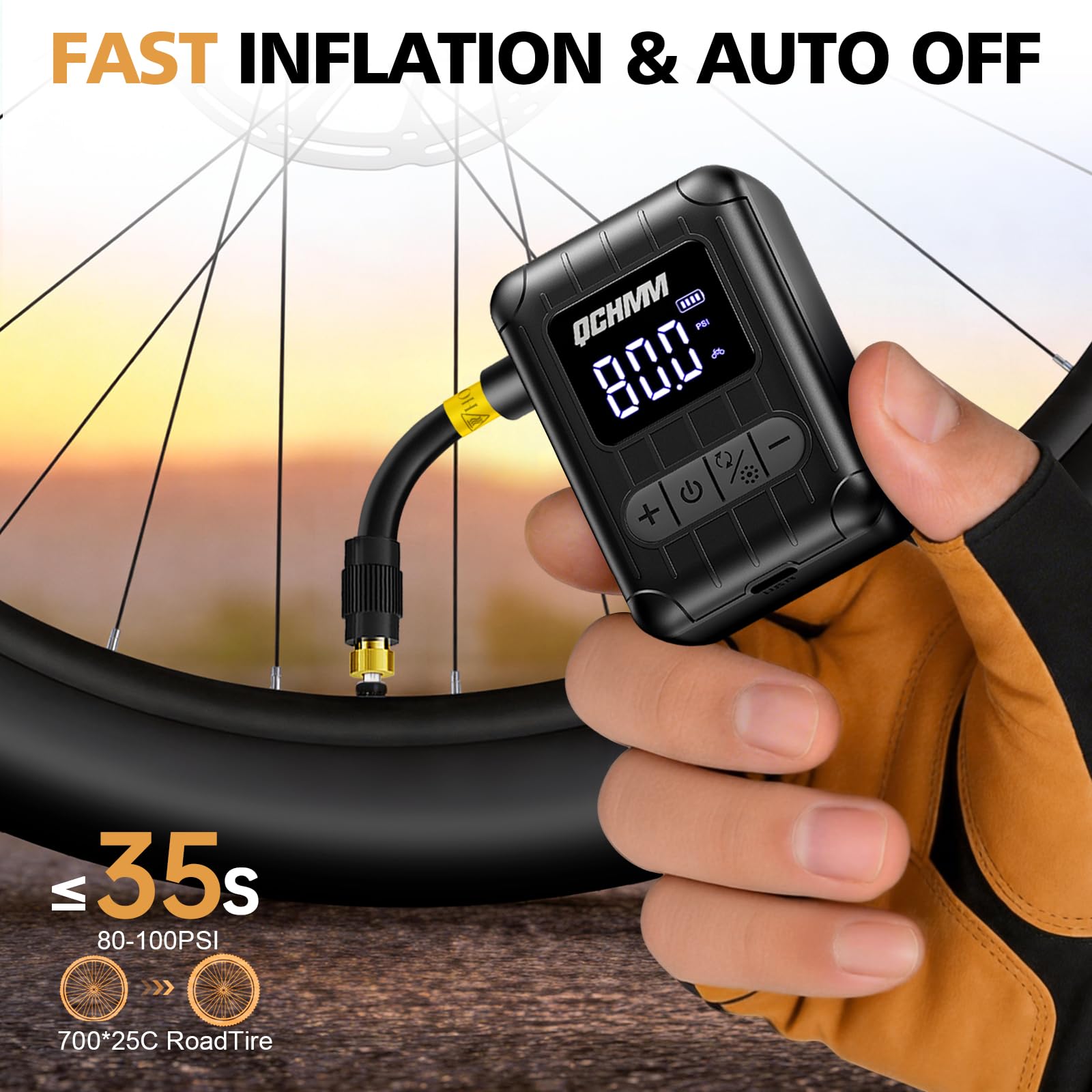 Bomba de Bicicleta, Mini Bomba para Bicicleta 120 PSI con Manómetro, Bike Pump Portátil con Válvulas Presta y Schrader, Unidades Bar/PSI, Apagado automático
