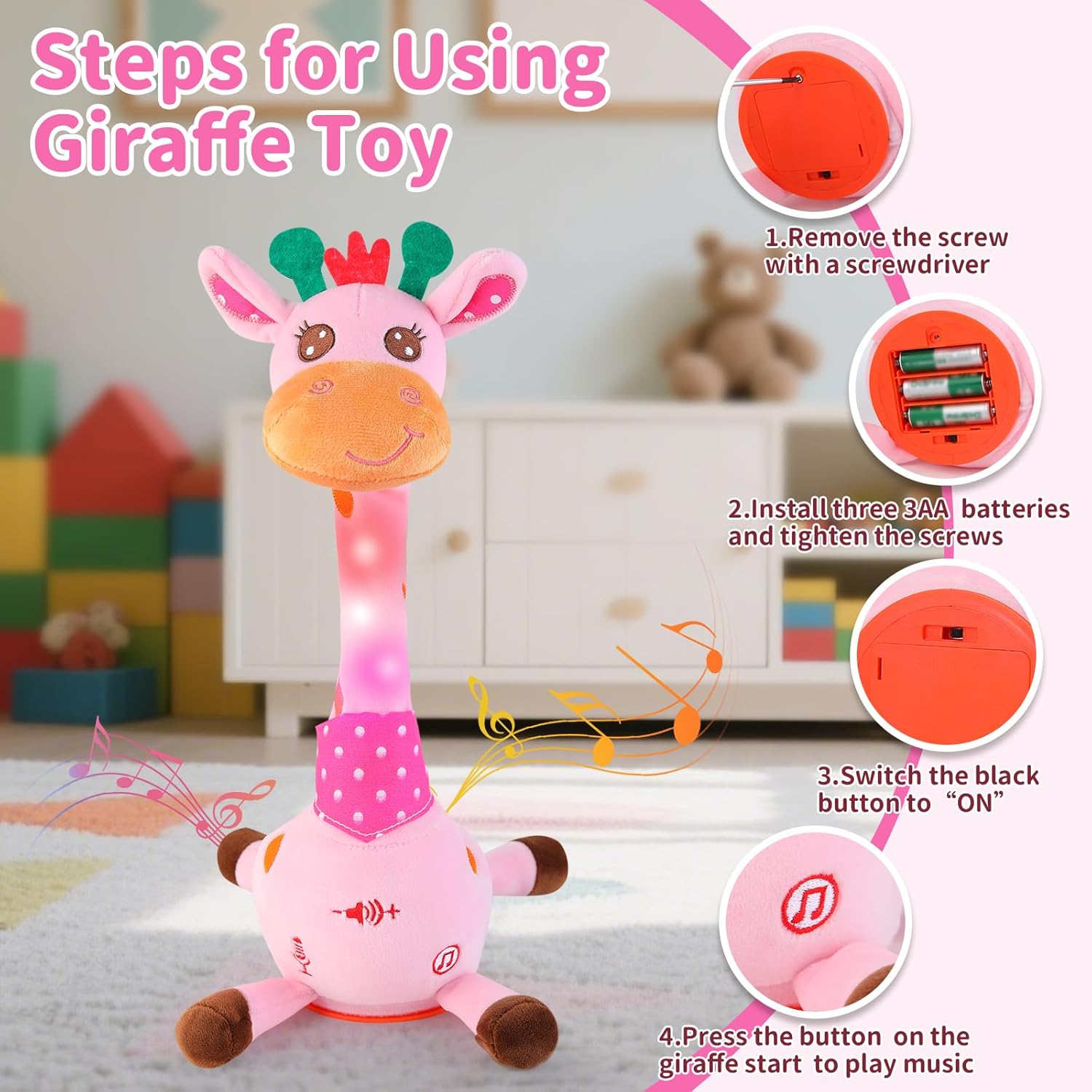 Emoin Dancing Talking Giraffe Toy for Baby Toddler, Dancing Giraffe Toy Singing Mimicking Recording Repeating What You Say with LED English Sing for Boys Girls Gift, 15 Second Recorde