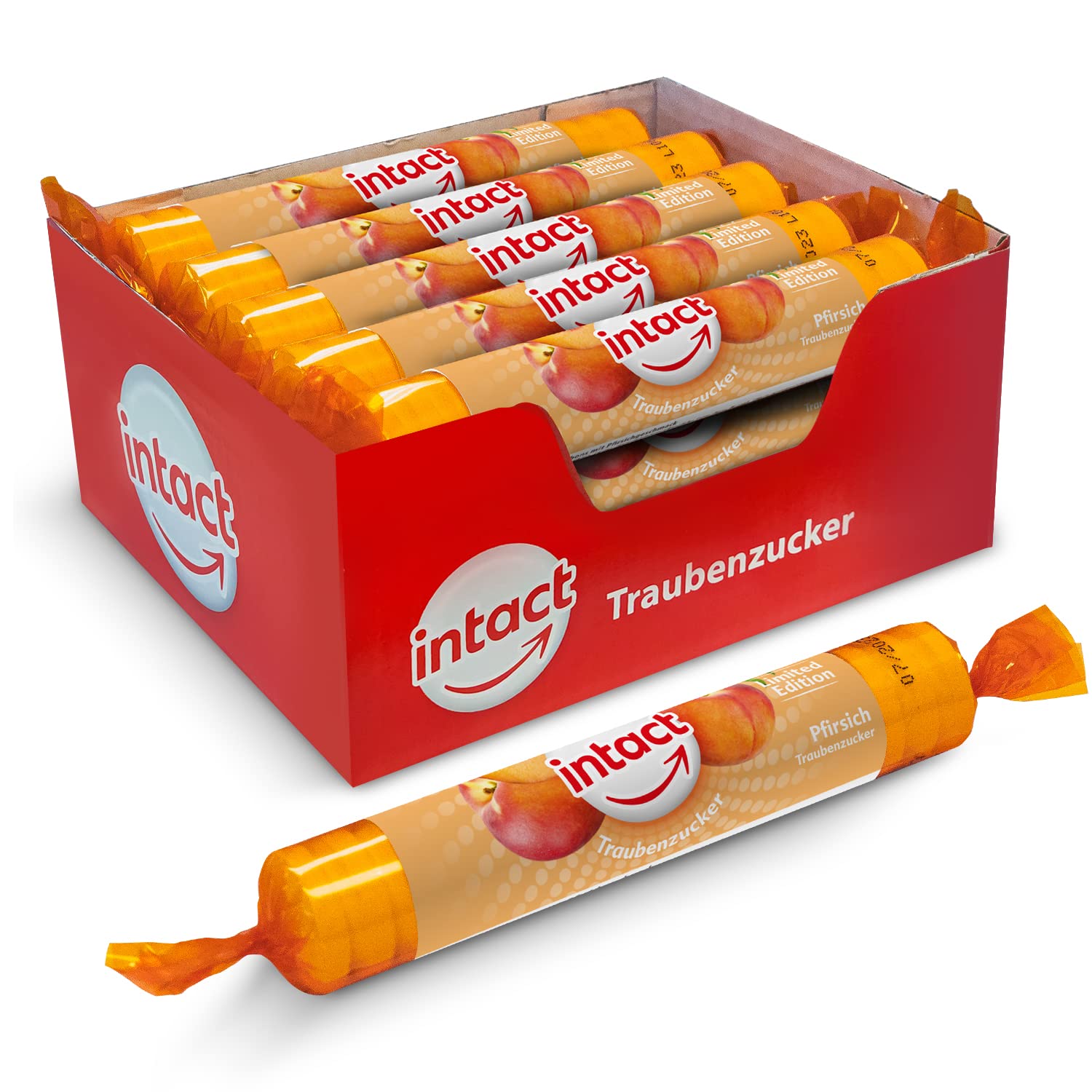 intact Traubenzucker (NEU: Pfirsich) Rolle 15 St. • Multipack (15 x 40g) Traubenzucker Bonbons • 100% Vegan