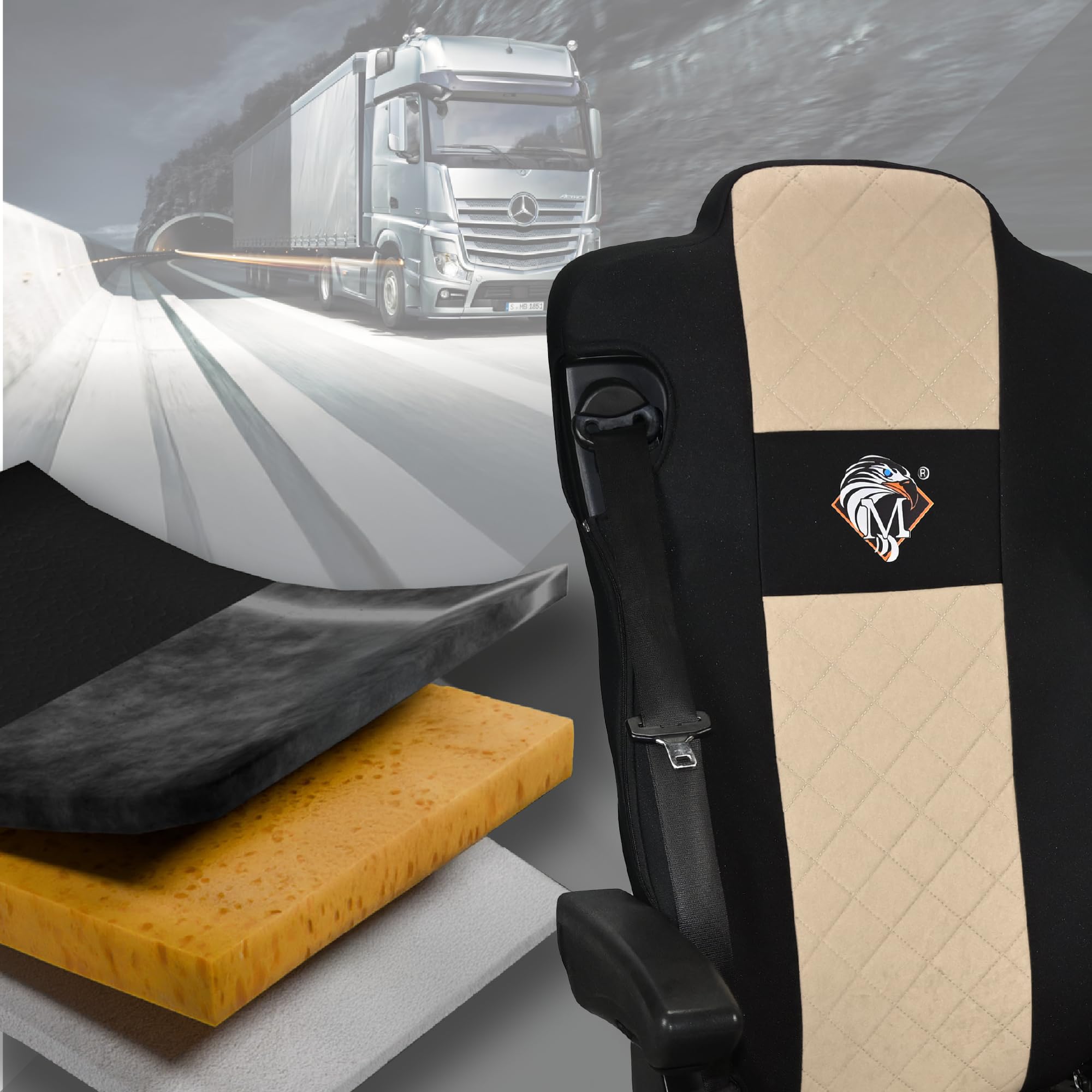 SABA Funda de Asiento para Mercedes ACTROS MP4, AROX de 2011, MP5 de 2019, Asiento de Pasajero sin suspensión Beige Accesorios de protección para Asientos de Camiones