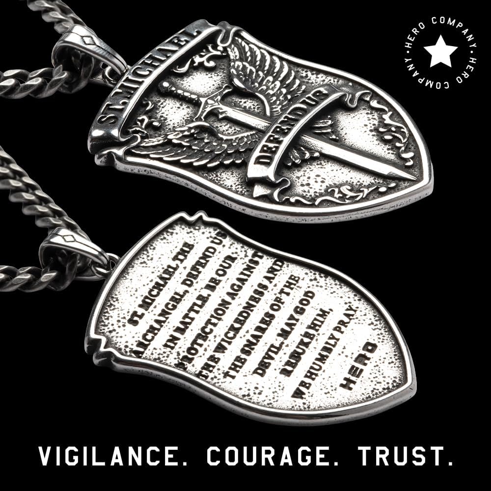 Hero Company St. Michael Pendant Necklace - St. Michael’s Shield ‘Defend Us’ Men’s Necklace - Helps Pair Veterans With A Service Dog Or Shelter Dog