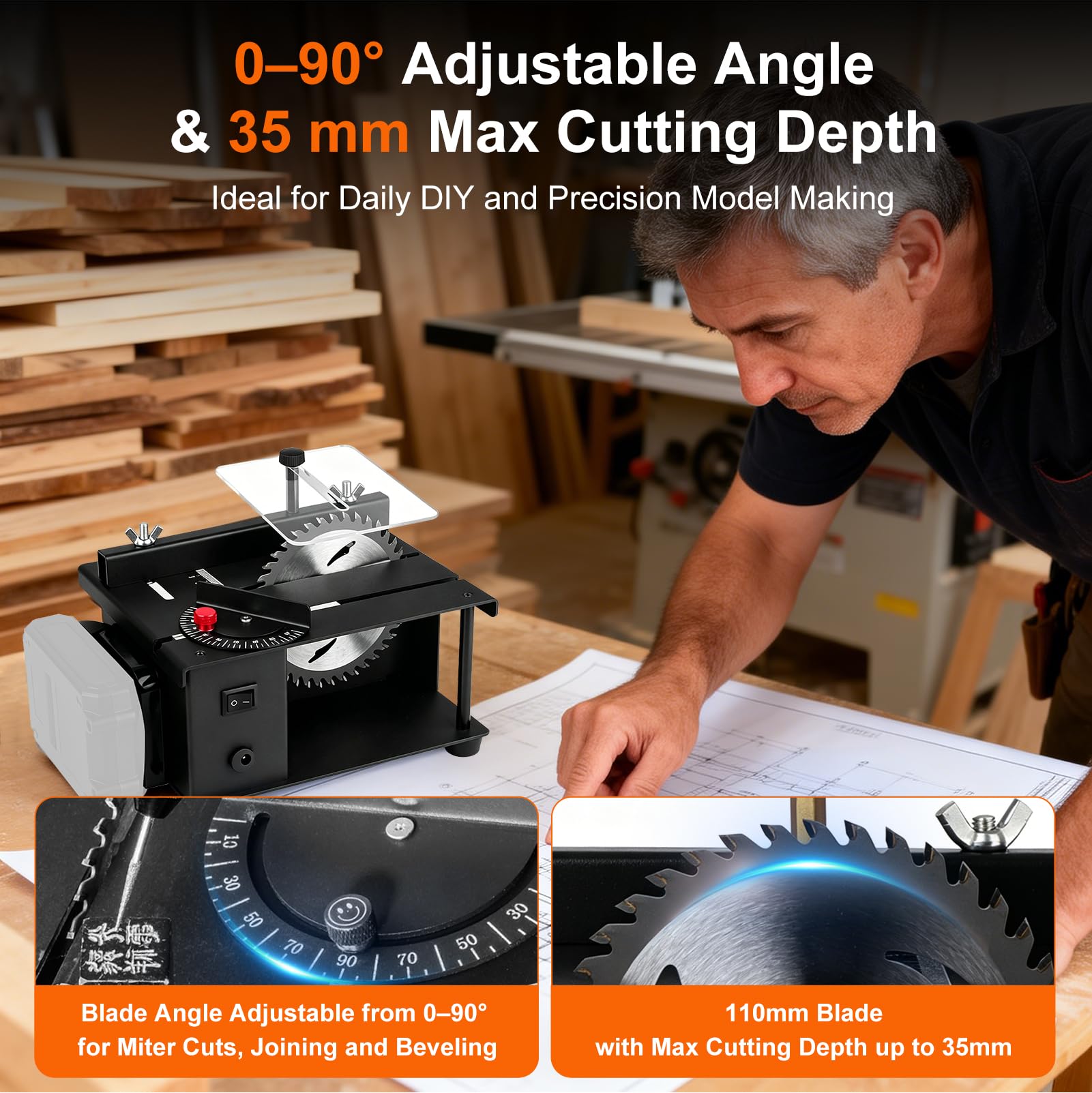 Mini Sierra Circular de Mesa, 23 000 R/Min, Compatible con Makita Baterías | Corte, Lijado y Grabado 3 en 1 con Disco 110mm, Eje Flexible y Portabrocas para Madera, Acrílico, PCB y Plástico, Sin Batería