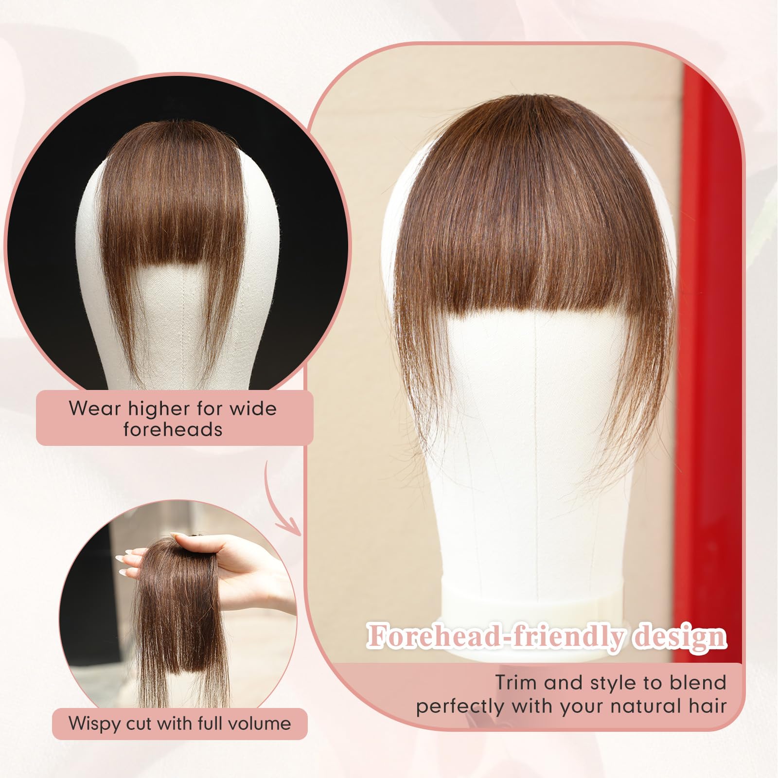 EINAEY Clip-in-Pony, 100 % Echthaar, mittelbraun, künstlicher Pony, Haarteile für Damen, Pony, Haarclip mit Bügel, Wispy Pony, Clip-in-Haarverlängerungen für den täglichen Gebrauch