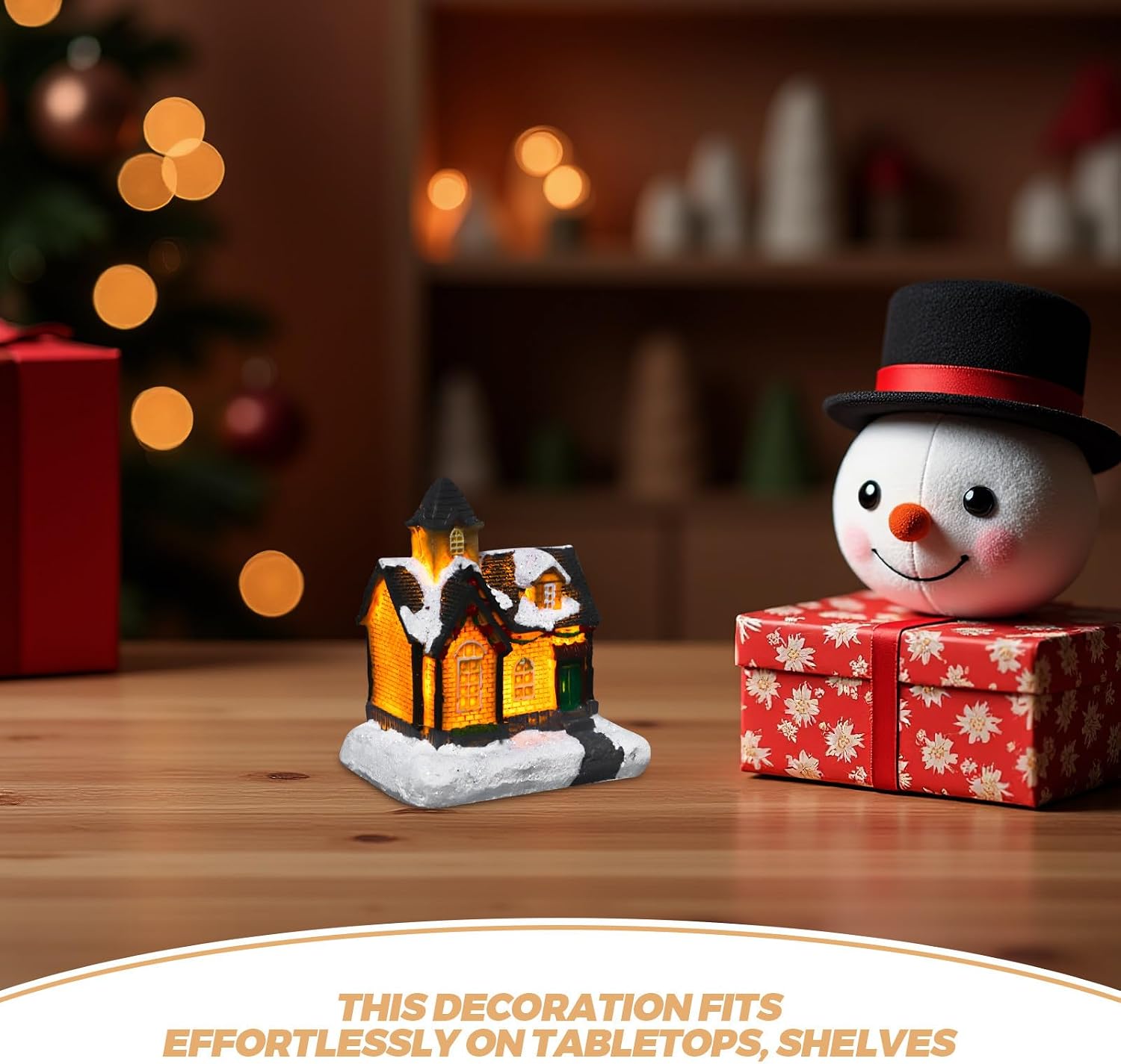 LED Lighted Christmas Village Houses Resin Miniature Snow House Figurine for Mantel Tabletop Display Winter Farmhouse Tiered Tray Decor