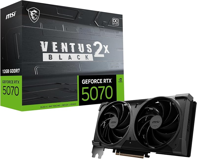 msi Gaming RTX 5070 12G Ventus 2X OC Black Graphics Card (12GB GDDR7, 192-bit, Extreme Performance: 2542 MHz, DisplayPort x3 2.1a, HDMI 2.1b, NVIDIA Blackwell Architecture)