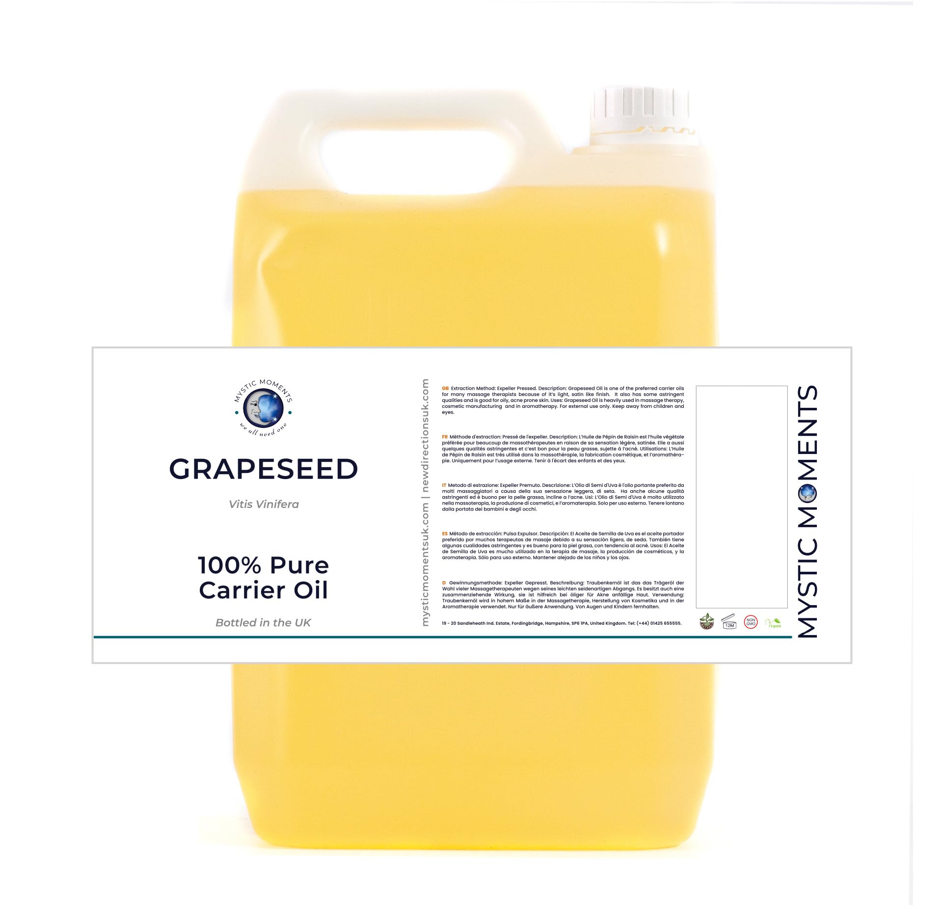 Mystic Moments| Grapeseed Carrier Oil 5 Litres | Vitis vinifera | Lightweight Moisturising Treatment for Skin, Hair & Massage | Fast Absorbing Natural Beauty
