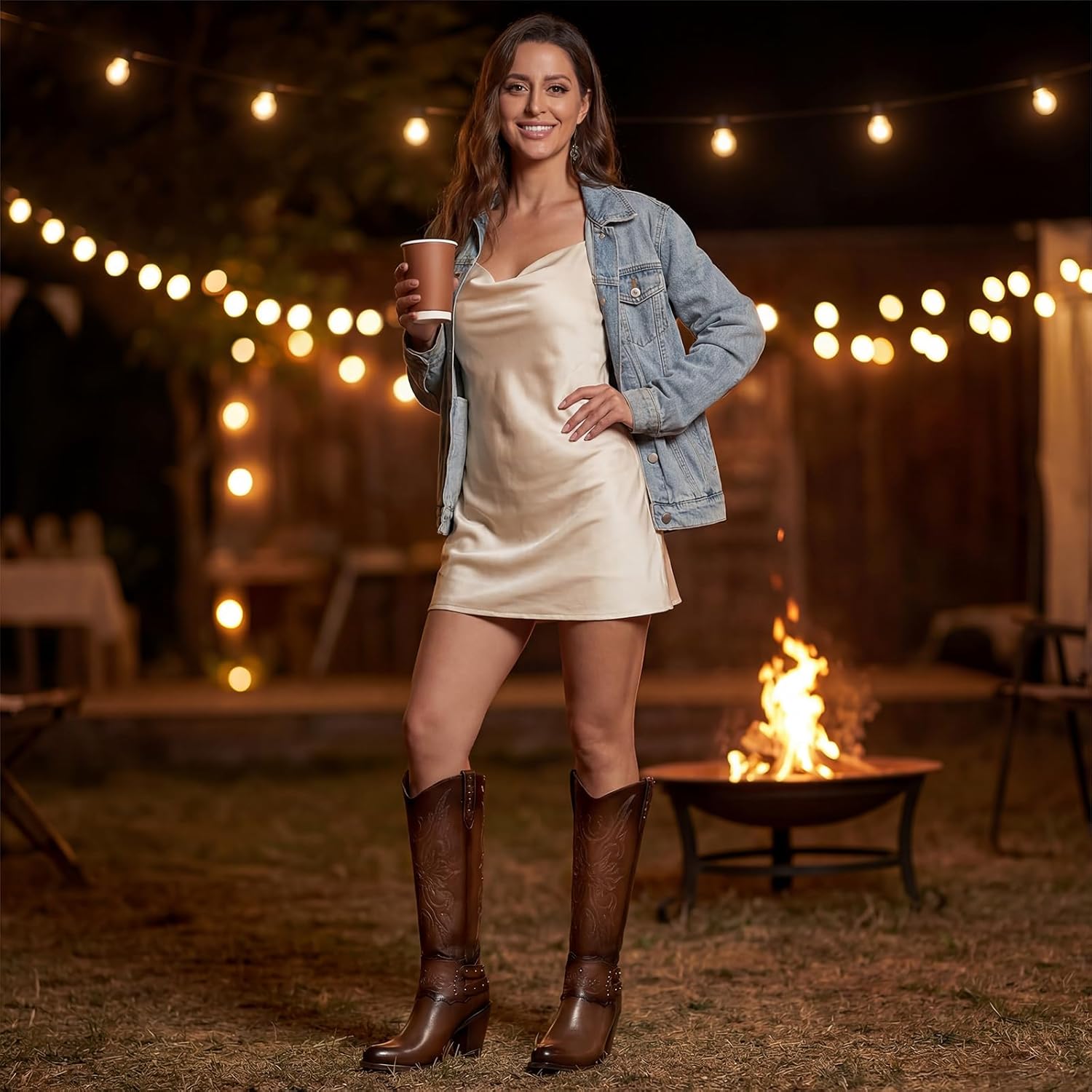 Rollda Cowboy Boots for Women, Cowgirl Boots Knee High, Ladies Tall Western Boots Rounded Toe Chunky Heel Pull on Zipper for Country Concert Party Women Boots