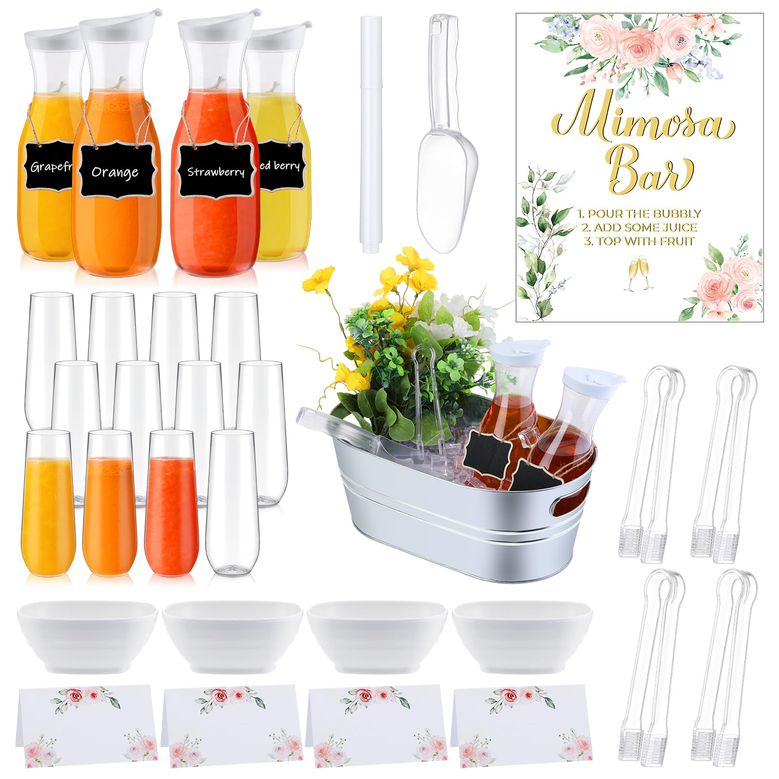 RimCereal 36 Pcs Mimosa Bar Supplies Includes Galvanized Tub 1L Carafe with Lid Champagne Glasses White Bowl Mimosa Bar Sign Chalkboard Table Cards