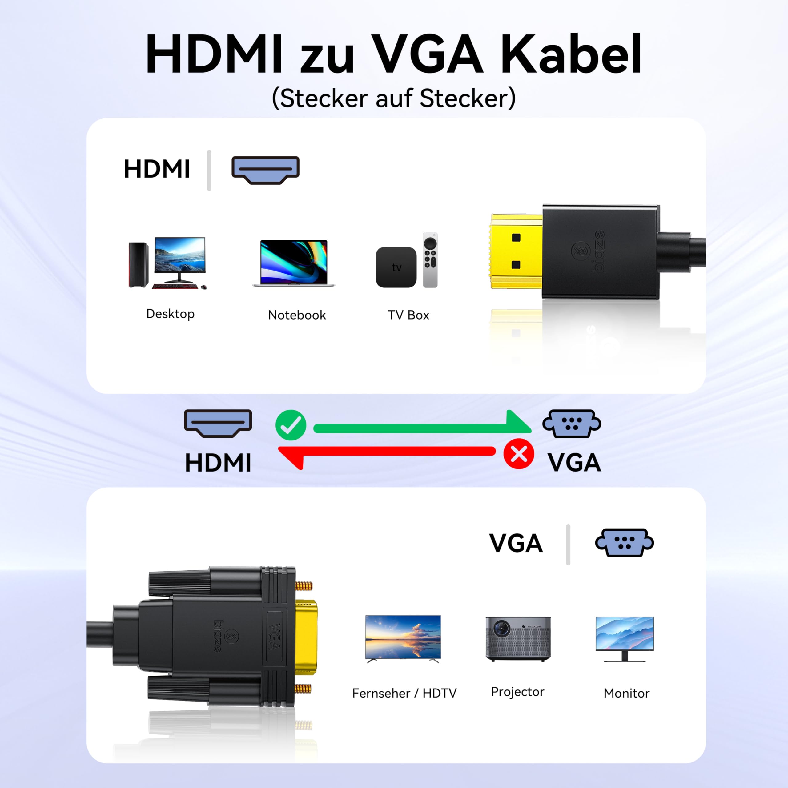 HX60 - Cavo adattatore VGA a HDMI, 1,8 m, convertitore da HDMI a VGA, Full HD 1080P, convertitore SVGA per desktop, proiettore, HDTV, Raspberry Pi, Roku, Xbox ecc