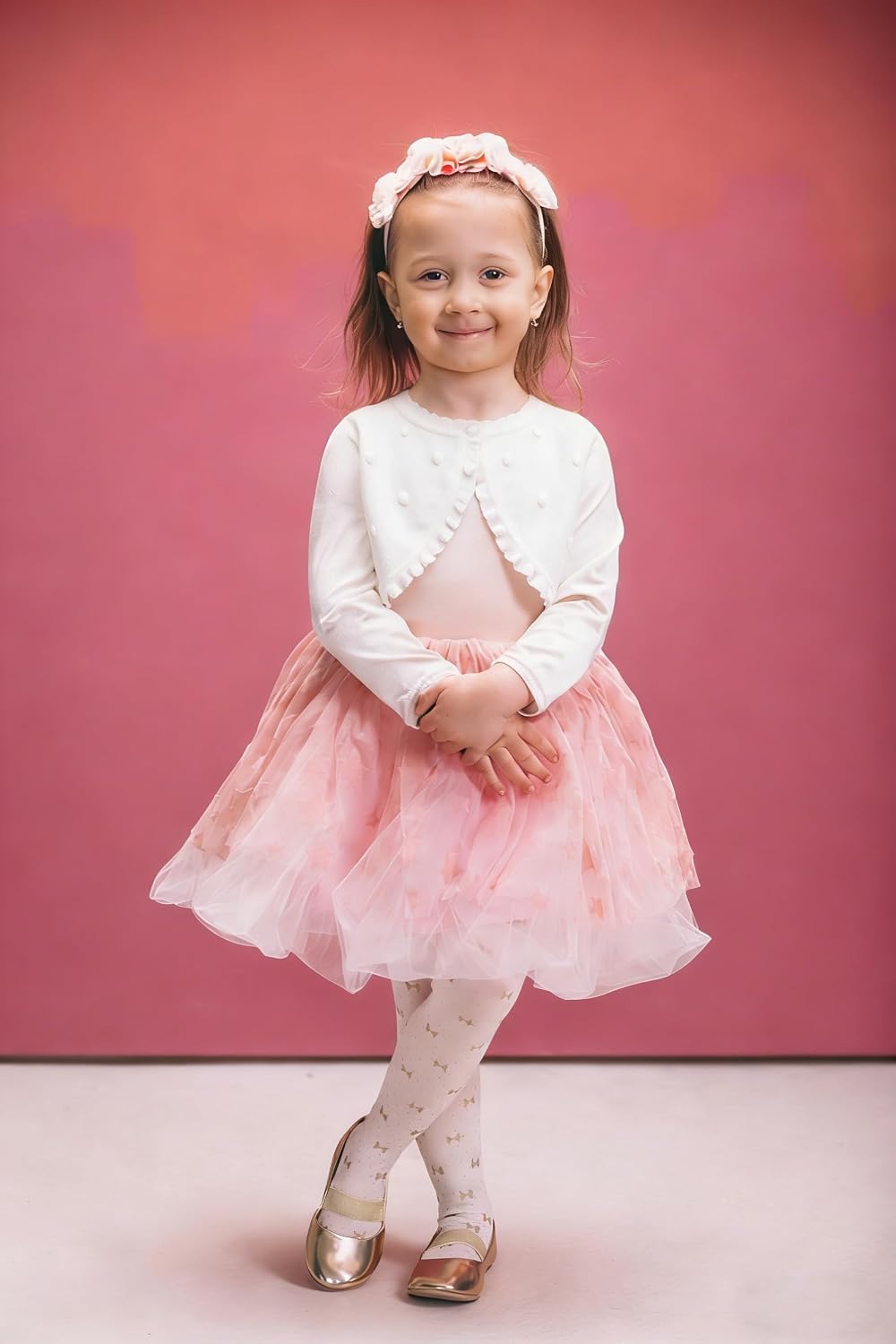 Little Girls' Knit Cardigan Bolero Shrug with Ruffle Trim, Toddler Girls Long Sleeve Cropped Bolero Jacket Sweater