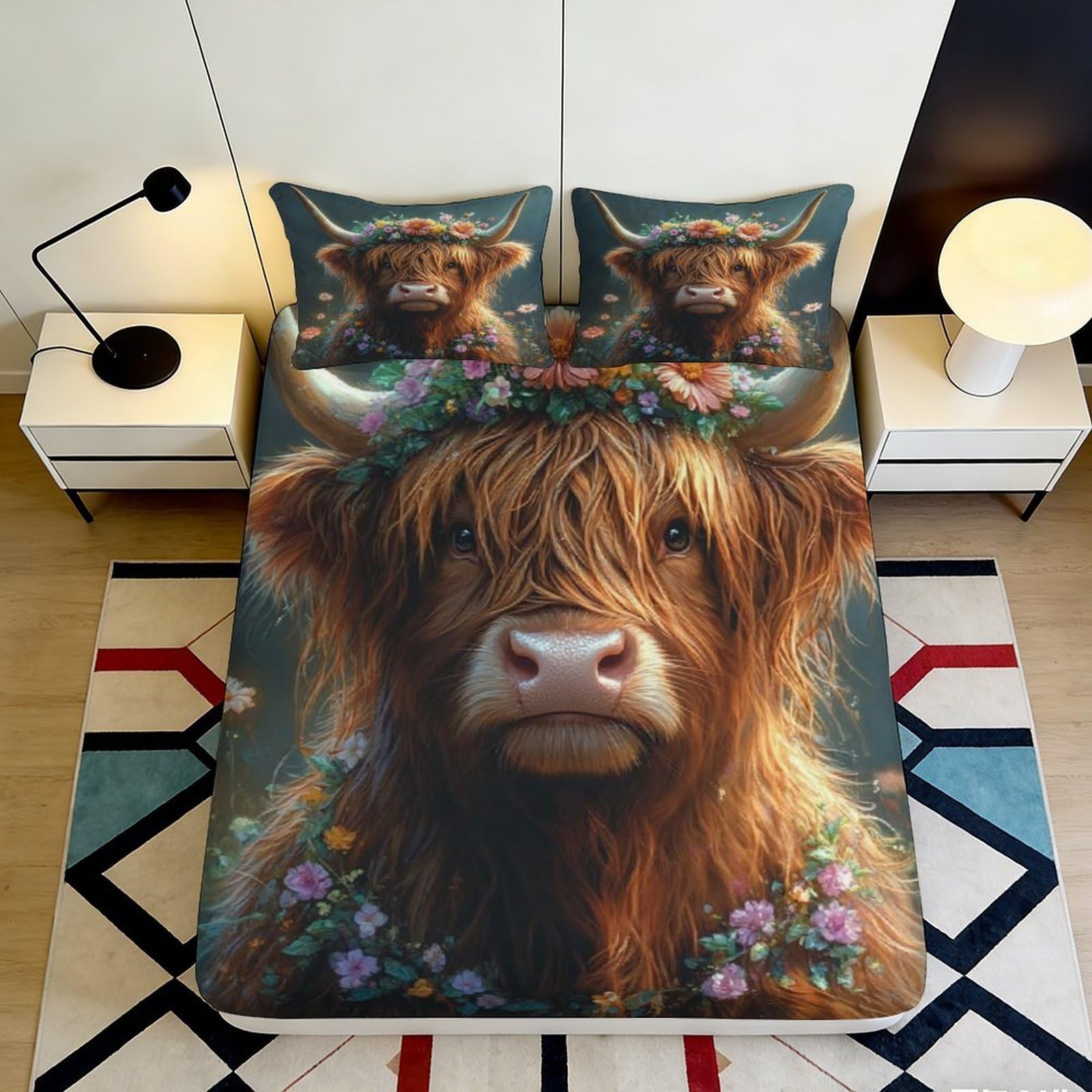 3D Printed Highland Cow Fitted Sheet Microfiber Deep Pocket Non-Slip Bedroom Bedding Highland Cow Mattress Fitted Cover Washable 90x200x25cm