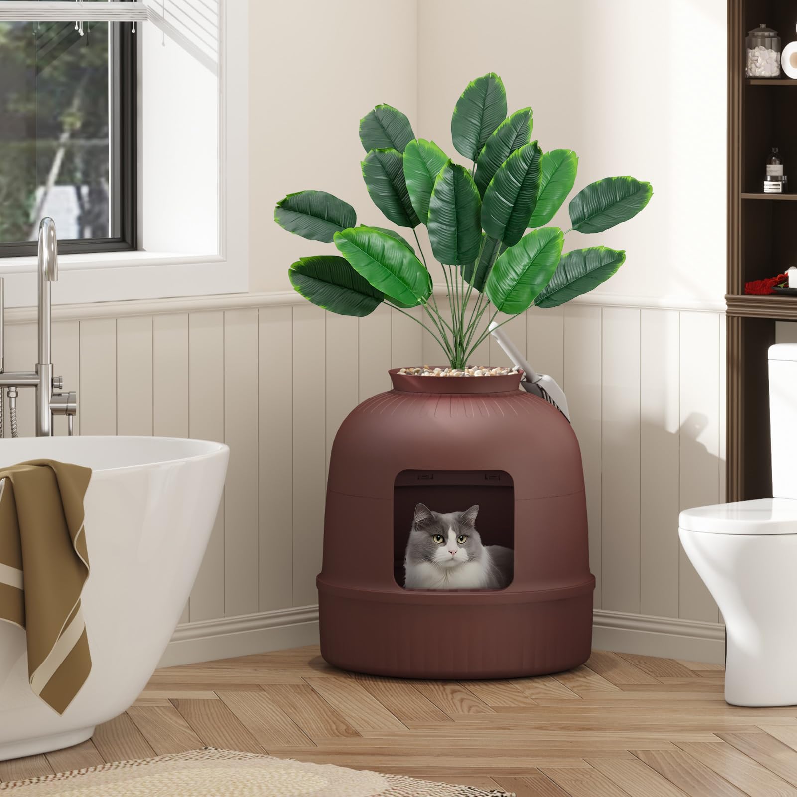 Lifewit Lettiera Gatto con Deodorante e Filtro a Carboni Attivi, Toilette per Gatti per Soggiorno, Camera da Letto e Angoli, Lettiera a Forma di Vaso con Pianta Finta e Paletta, 48 x 120 cm, Marrone