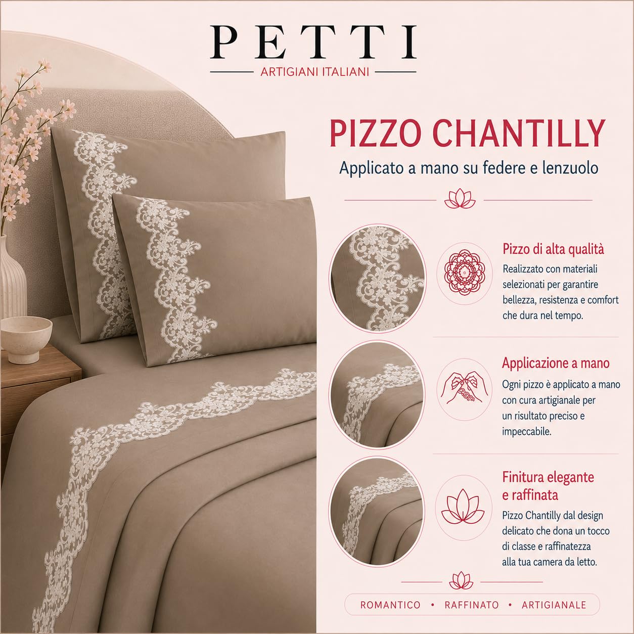 PETTI Artigiani Italiani - Pościel dwuosobowa z koronką, bawełna perkalowa, komplet pościeli dwuosobowej, jasnoniebieska koronka, 100% wyprodukowano we Włoszech