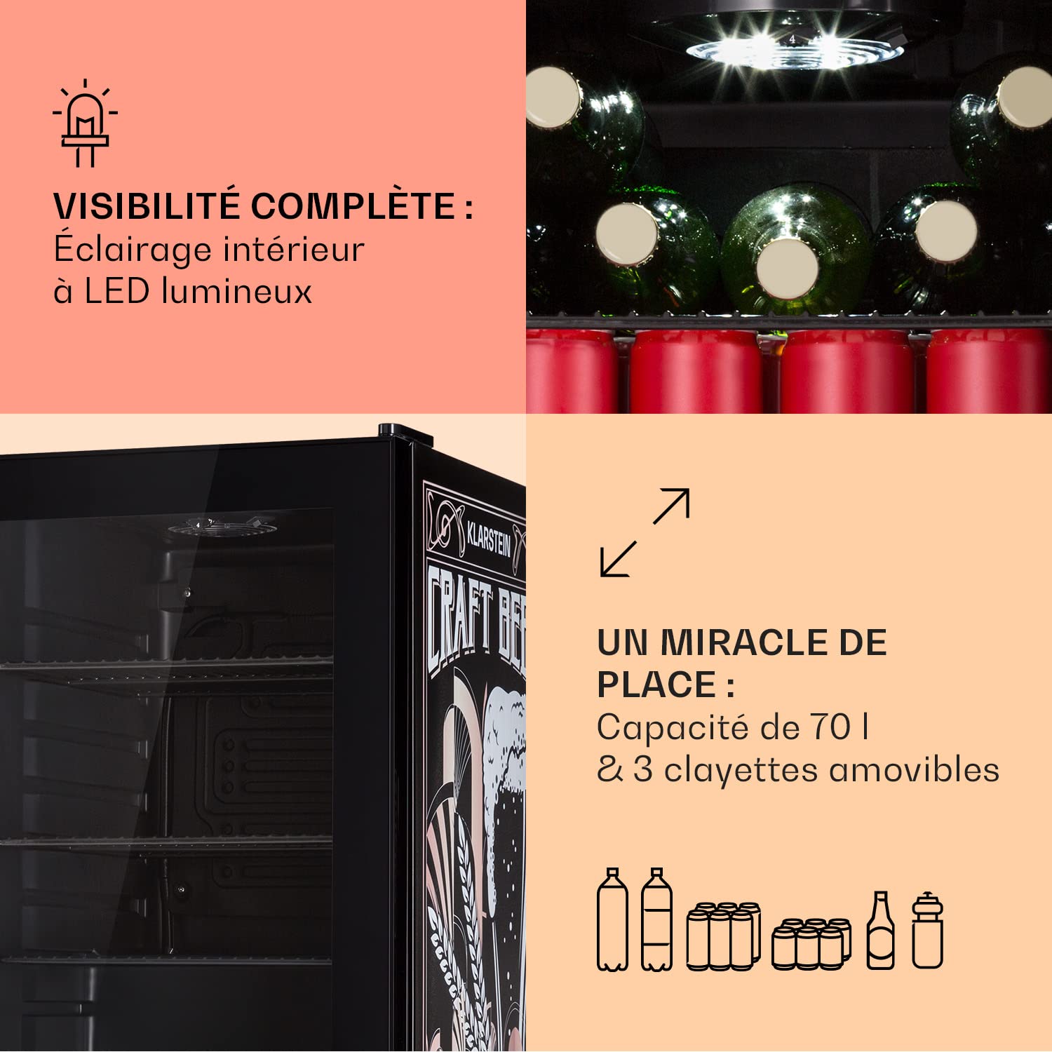 KLARSTEIN Réfrigérateur 70L, Mini réfrigérateur silencieux avec étagères amovibles, porte vitrée & LED, Adapté à l'extérieur, 0-10°C