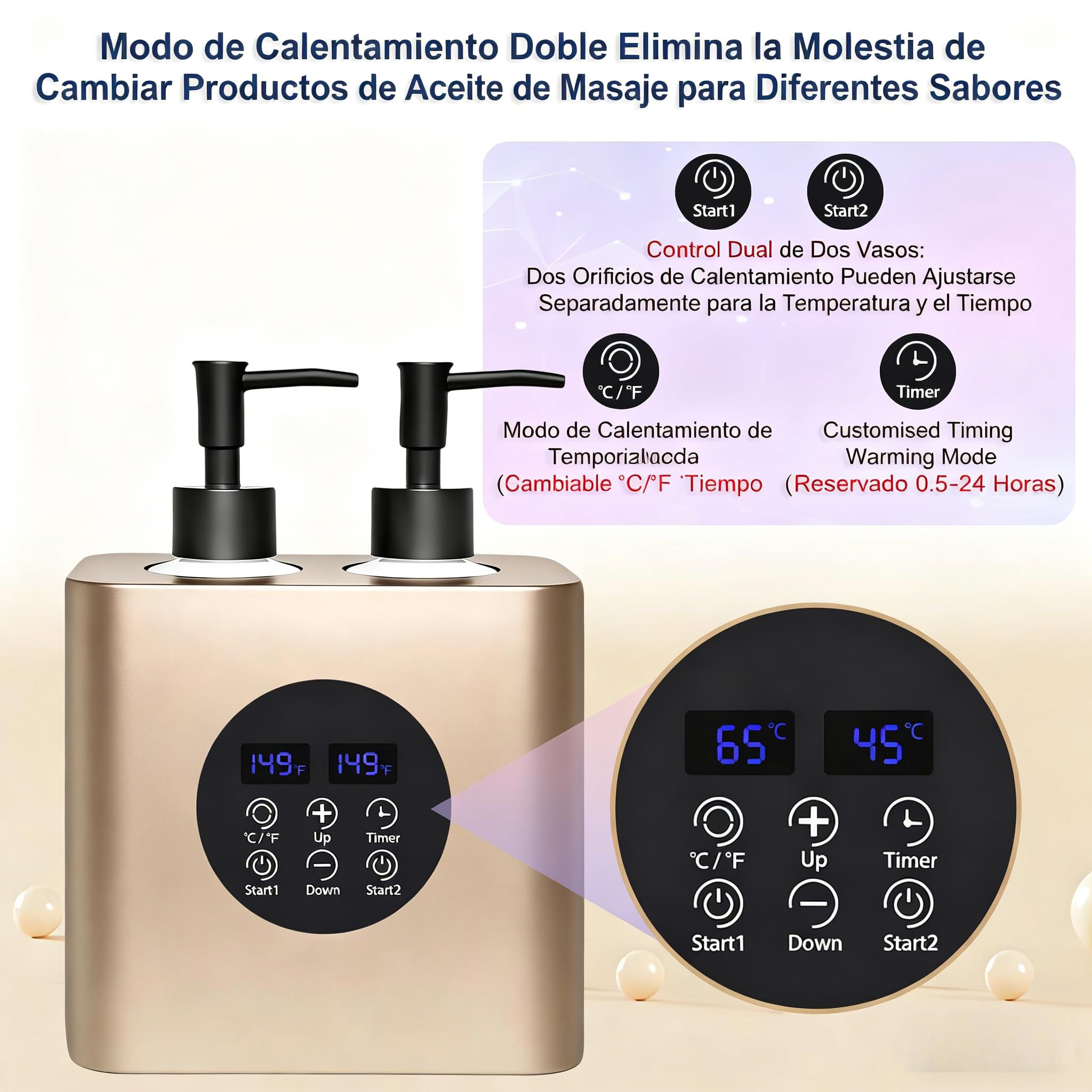 Calentador Profesional de Aceite de Masaje Doble, Termo para Aceite con 4 Botellas, Temperatura Ajustable 30–65°C, Temporizador 0,5–24h