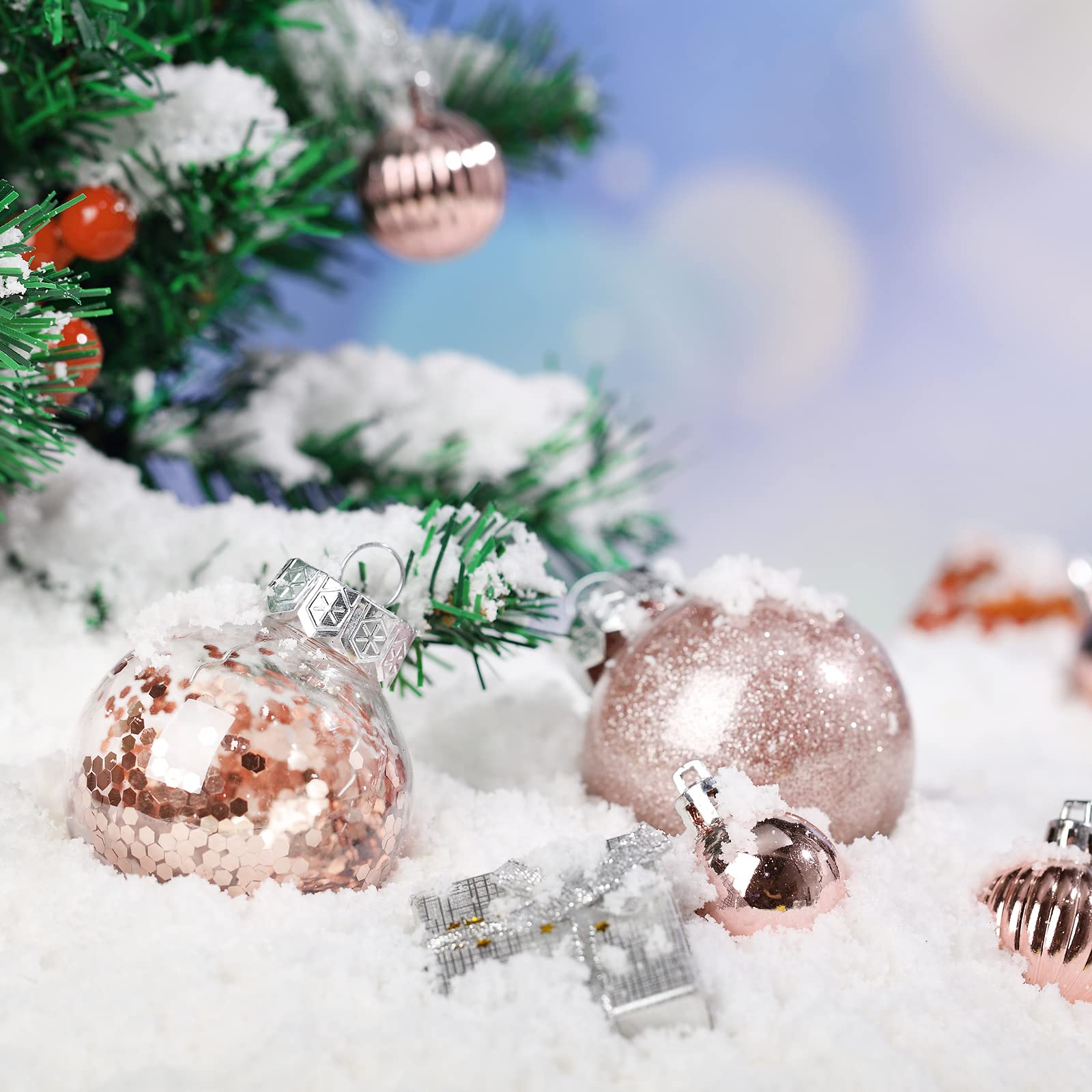 Juego de adornos de bolas de Navidad inastillables, bolas de árbol de plástico, bolas transparentes para árbol de cumpleaños, día festivo, decoración interior y exterior (oro rosa, 49 piezas)