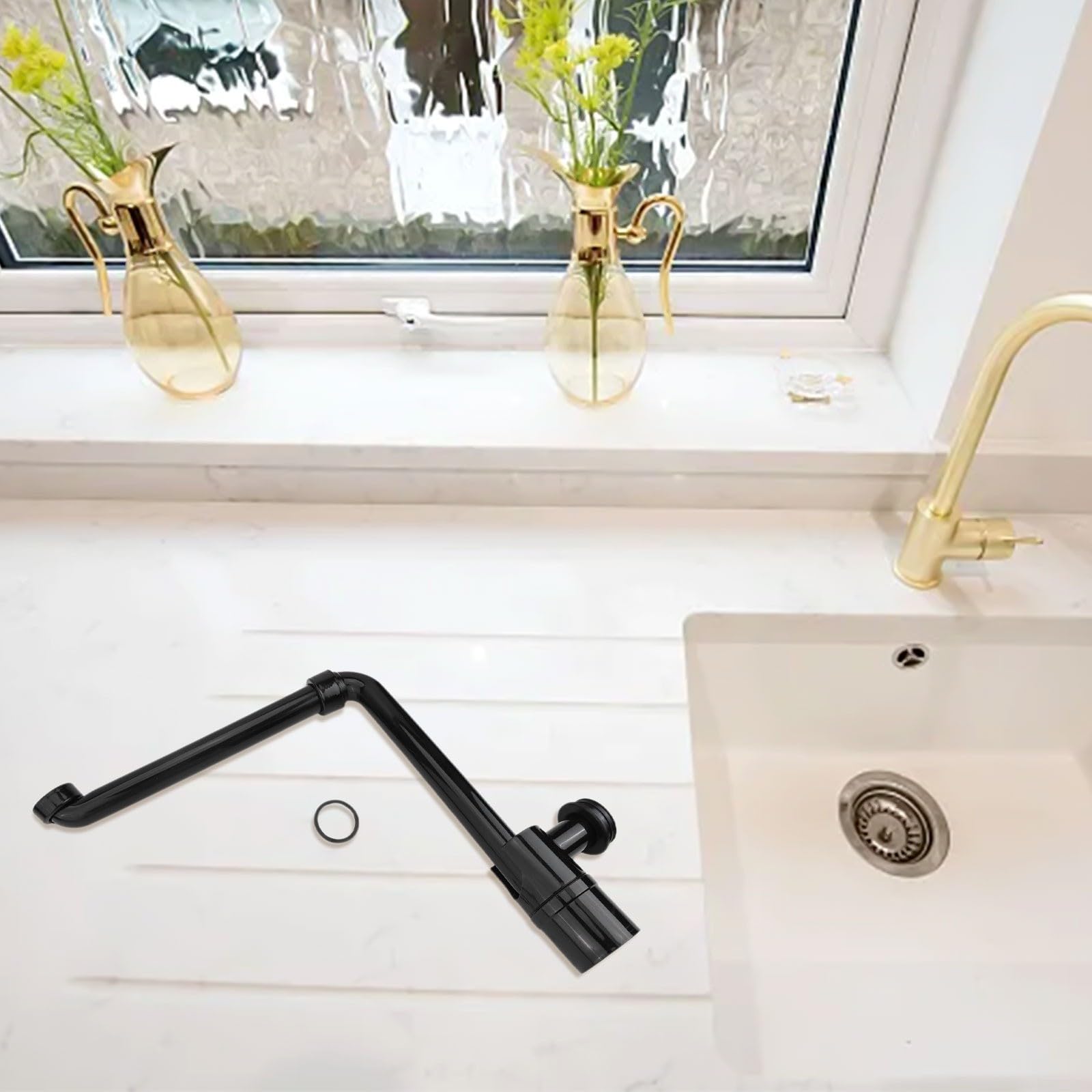 ZYNCUE Sifone di scarico per lavello, 6,35 cm, regolabile, girevole a 360°, con filtro per capelli, per bagno e lavandino, installazione flessibile (nero)