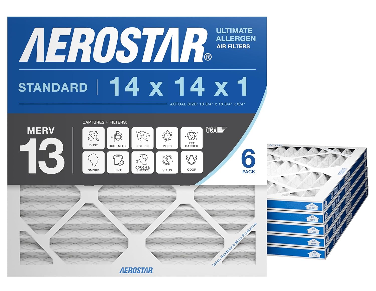 Aerostar 14x14x1 MERV 13 Air Filter, 6 Count, ACTUAL SIZE (13.75 x 13.75 x 0.75), HVAC, Air Conditioning & Furnace Filter for Allergies, Dust, Pet Dander & Smoke (MPR 1500 / FPR 10), Made in USA