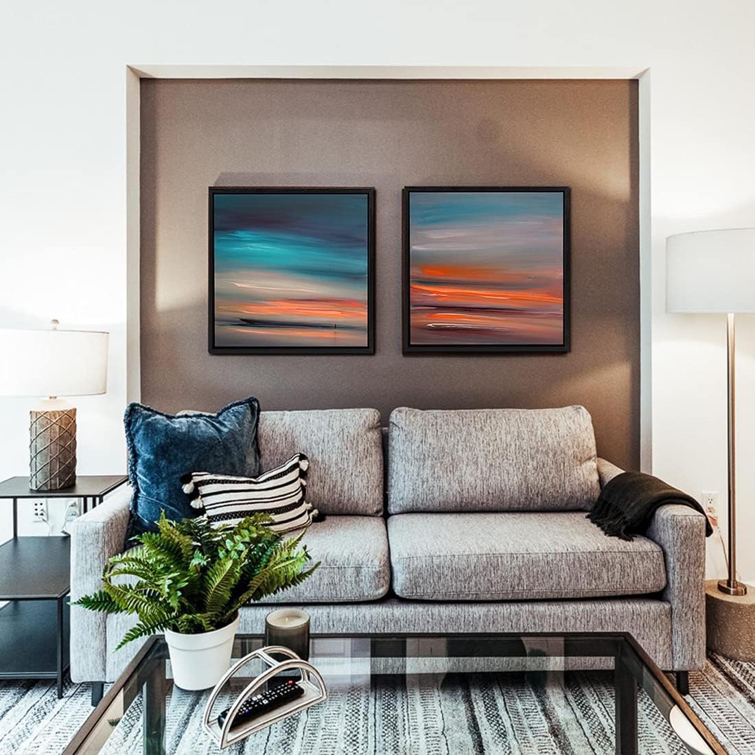 Loomarte Abstract Beach Wall Art Giant Ocean Landscape Picture Linen Print Nature Walls Decor Scenery Painting for Living Room Bedroom Home Decorations 20x20 Inches, 2 PCS Artworks (Black Frame)