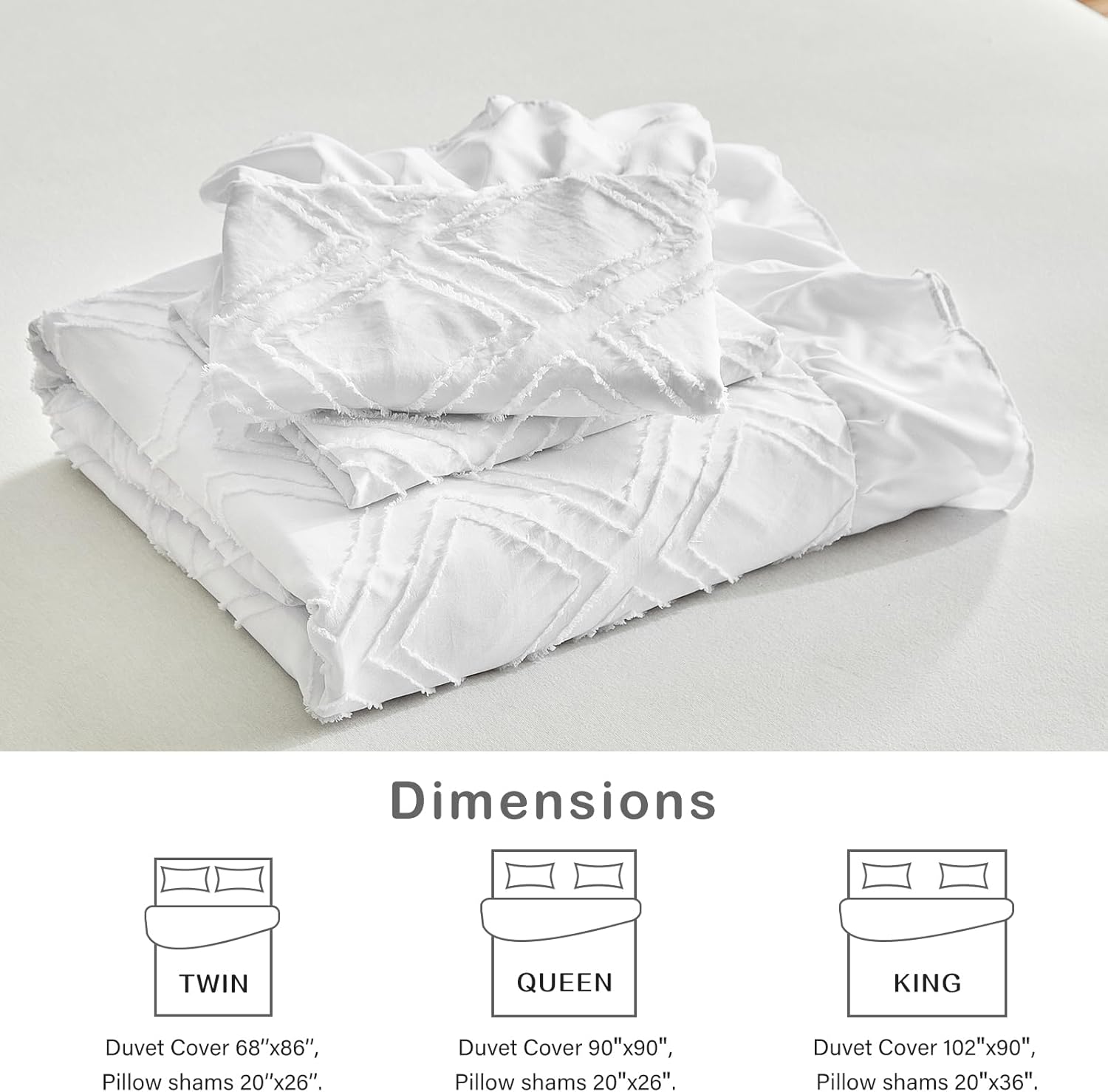 Flysheep Tufted Ruffle Duvet Cover Set King Size, 3 Pieces Vintage Farmhouse Shabby Chic Ruffled Duvet Cover with Zipper Closure, Luxury Jacquard Boho Bohemian Bedding Set (White, King)