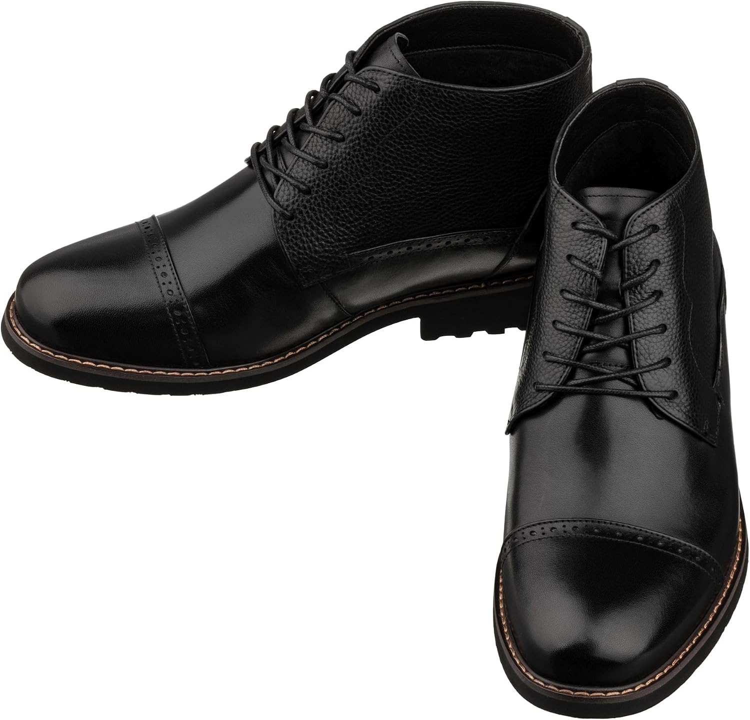 CALTO Men's Invisible Height Increasing Elevator Shoes - Black Leather Lace-up Cap-toe Boots with Inner Faux Fur - 3.2 Inches Taller - Y41083 - Size 9.5 D(M) US