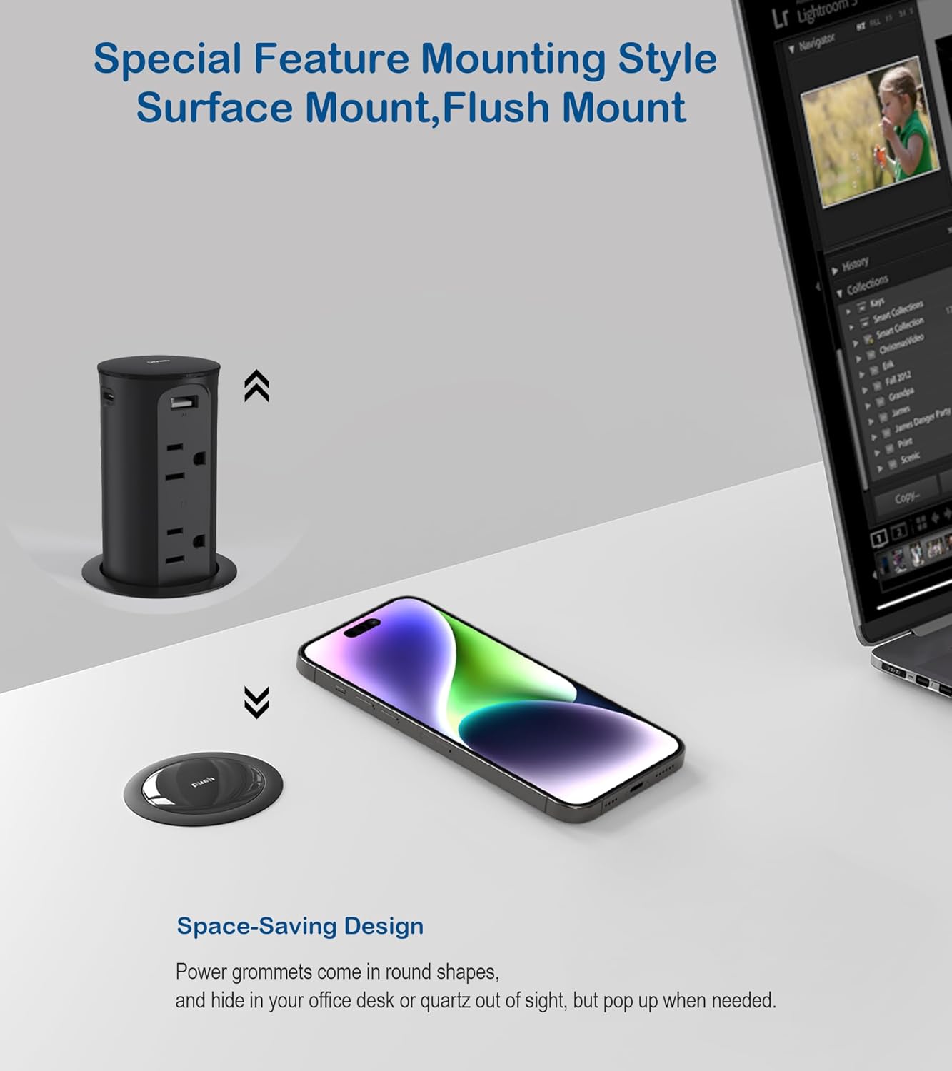 Jgstkcity 2.5 inch Hole Pop up Outlet for Countertop,20W USB C,4 USB Ports,4 Outlets 15Amp Receptacle Flush Mount,Space Saver Recessed Outlet,1875W,ETL Listed,2 PCS (Black, 20W USB)