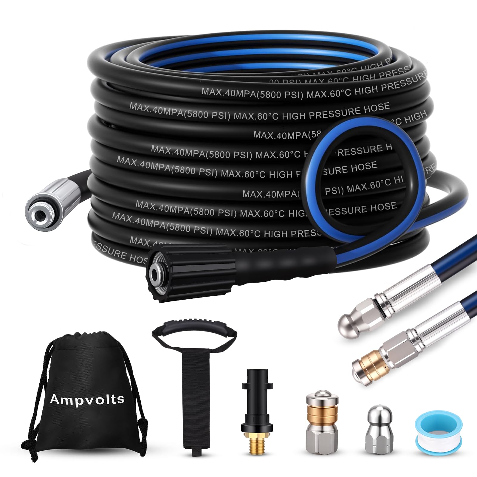 Kit Sonda Sturatubi Per Idropulitrice 8m – 400 Bar Con 2 Ugelli, 3 Adattatori E Nastro Teflon, Compatibile Con Kärcher K2-K7, Lavor, Bosch, Parkside