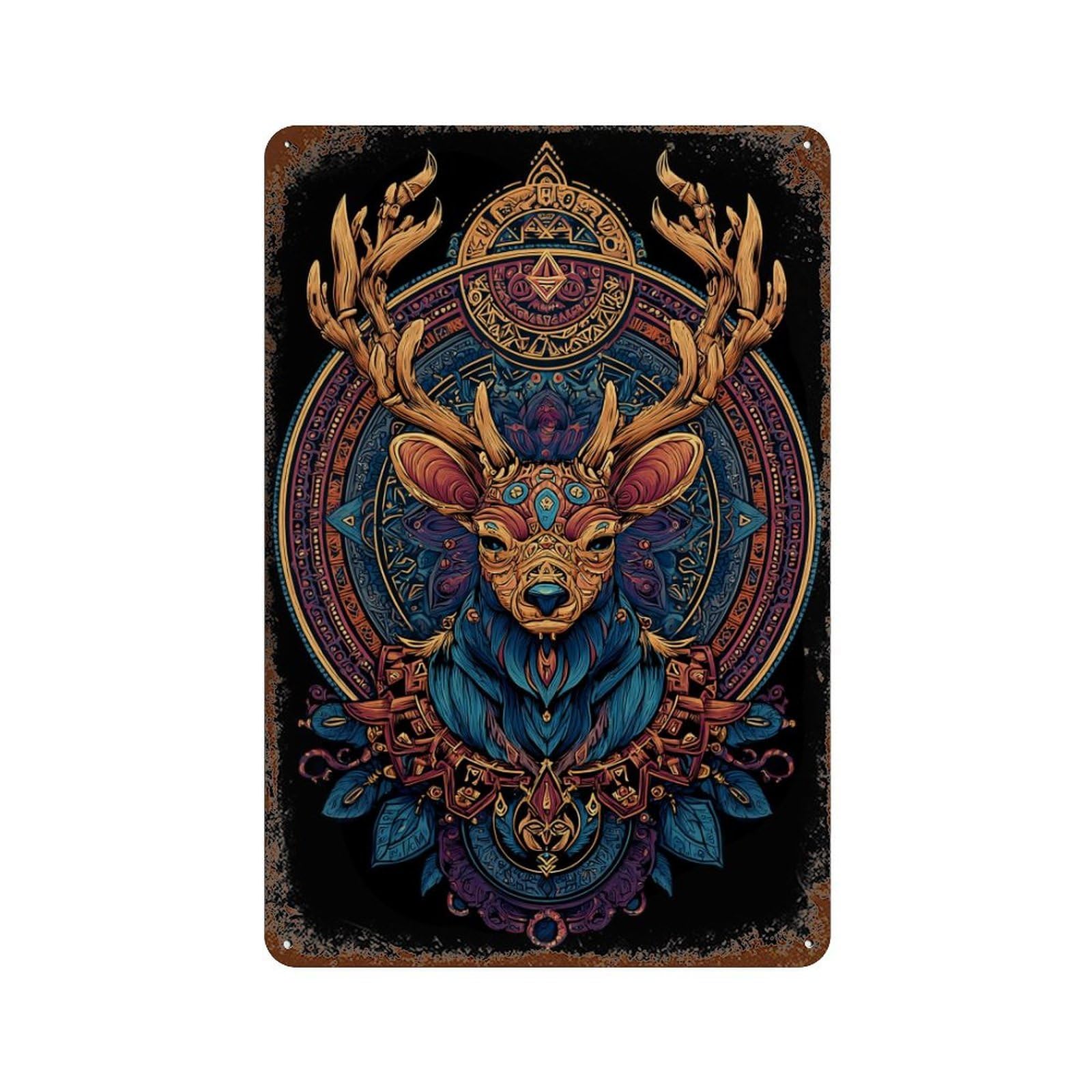 Colorful Deer Mandala Art Print Rust Effect Tin Sign 11.8"x7.9", Vintage Wall Decor for Bistro, Counter And Cafe Decor