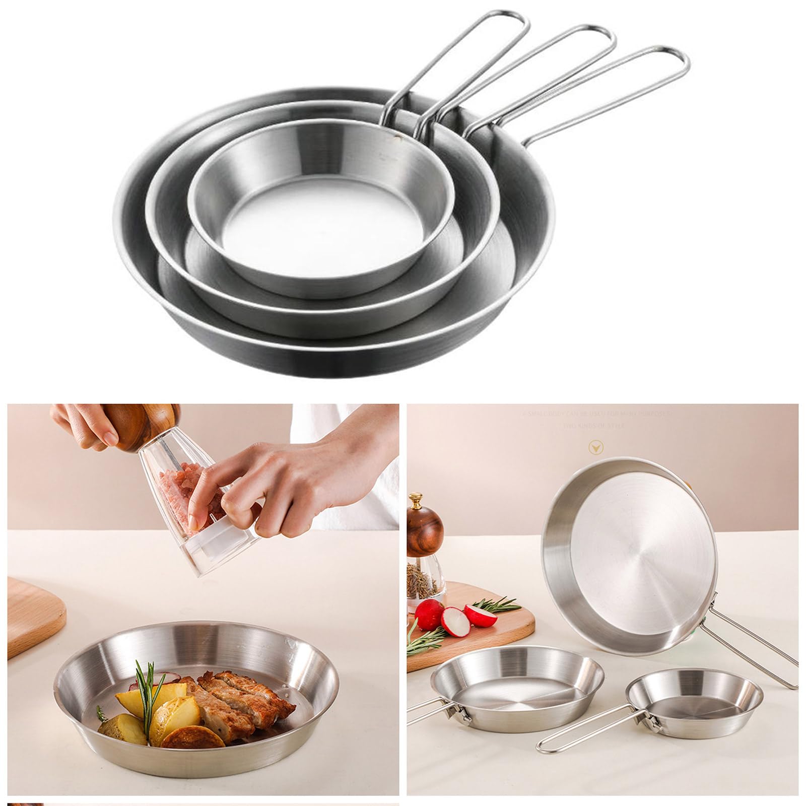 Padella antiaderente in acciaio inox per uso efficiente dello spazio, con manico pieghevole, utensili da cucina da campeggio