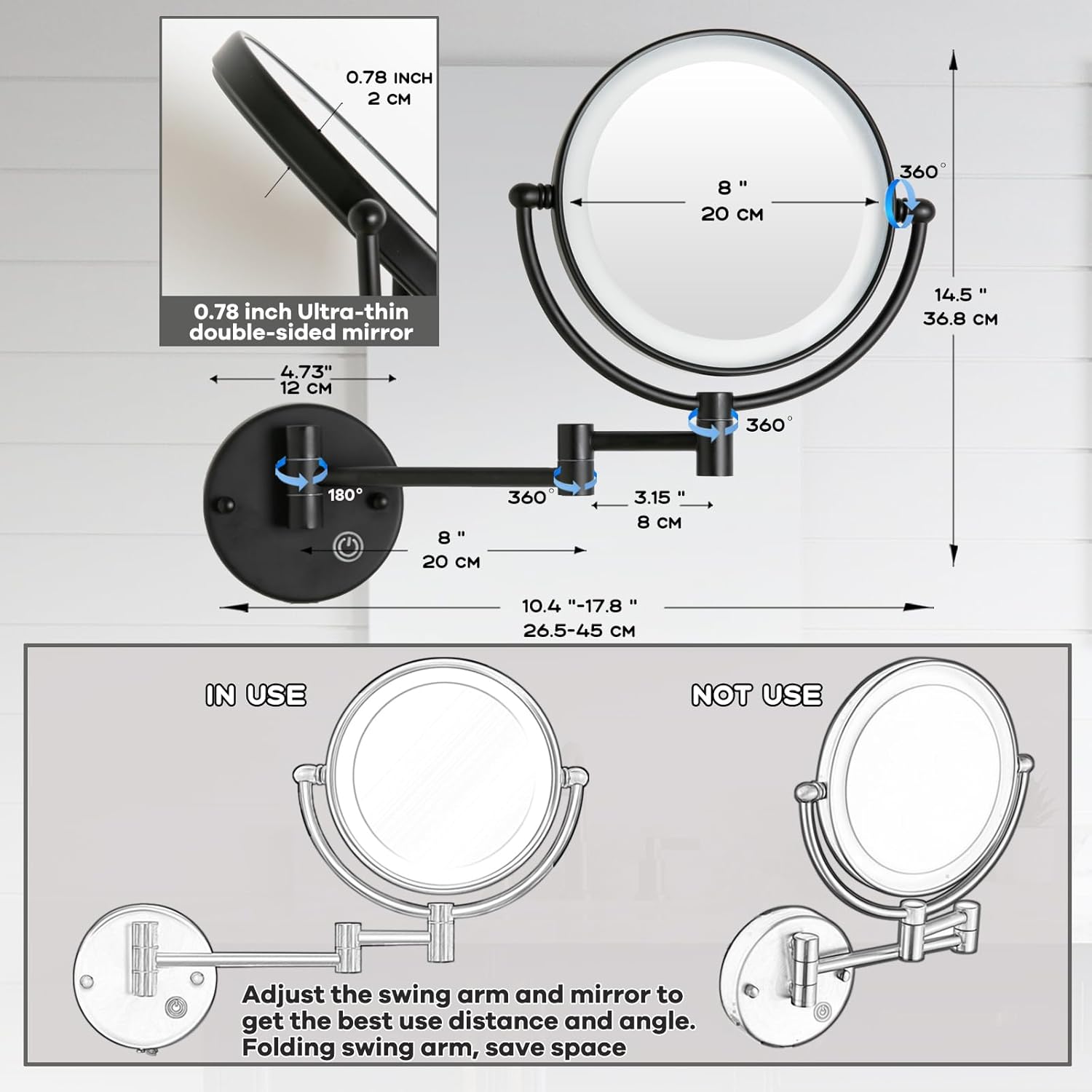 Rechargeable Wall Mounted 1X/5X Magnifying Bathroom Makeup Mirror with Light, Extended Arm 360 Rotation 8" Shaving Vanity Mirror, No Pre-Installed Wire and SEALANT FIX, Matt Black