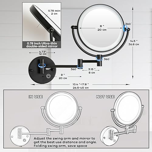 Miniatura 6 de Espejo de maquillaje recargable para baño con aumento 1X5X con luz, brazo extendido rotación 360 de 8 pulgadas, espejo de tocador de afeitado de 8