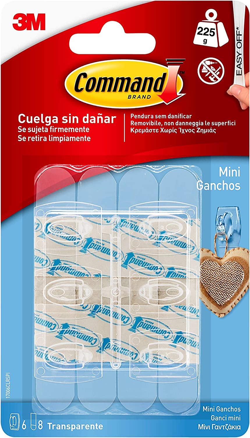 Command Mini Ganchos Transparentes - 6 Ganchos y 8 Tiras Adhesivas - Organizar Sin Dejar Marcas y Sin Taladrar